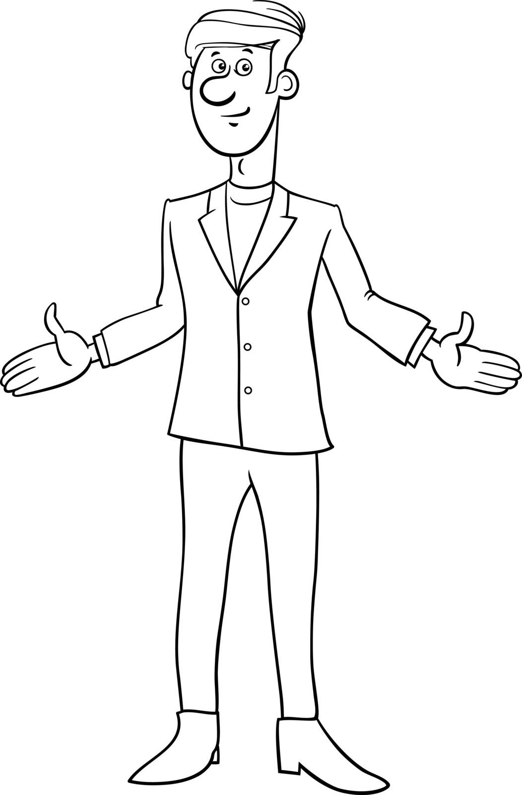 Black and White Cartoon Illustration of Young Man or Businessman Character Coloring Page