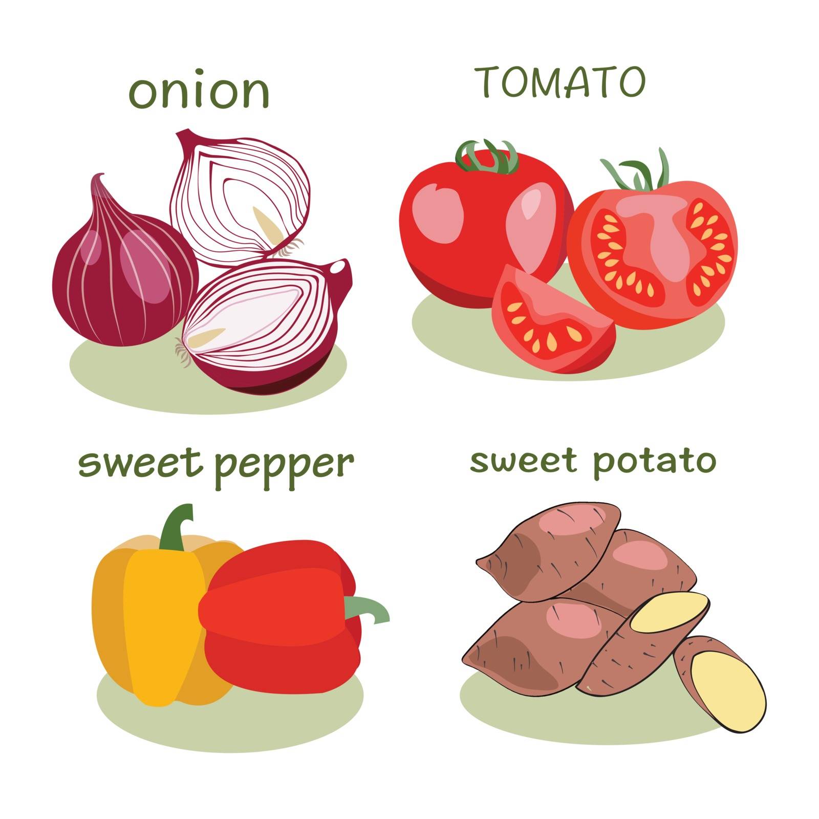 Vegetable icon in flat style Isolated object. Tomato, pepper, onion, sweet potato logo. Vegetable from the farm. Organic eco food illustration.