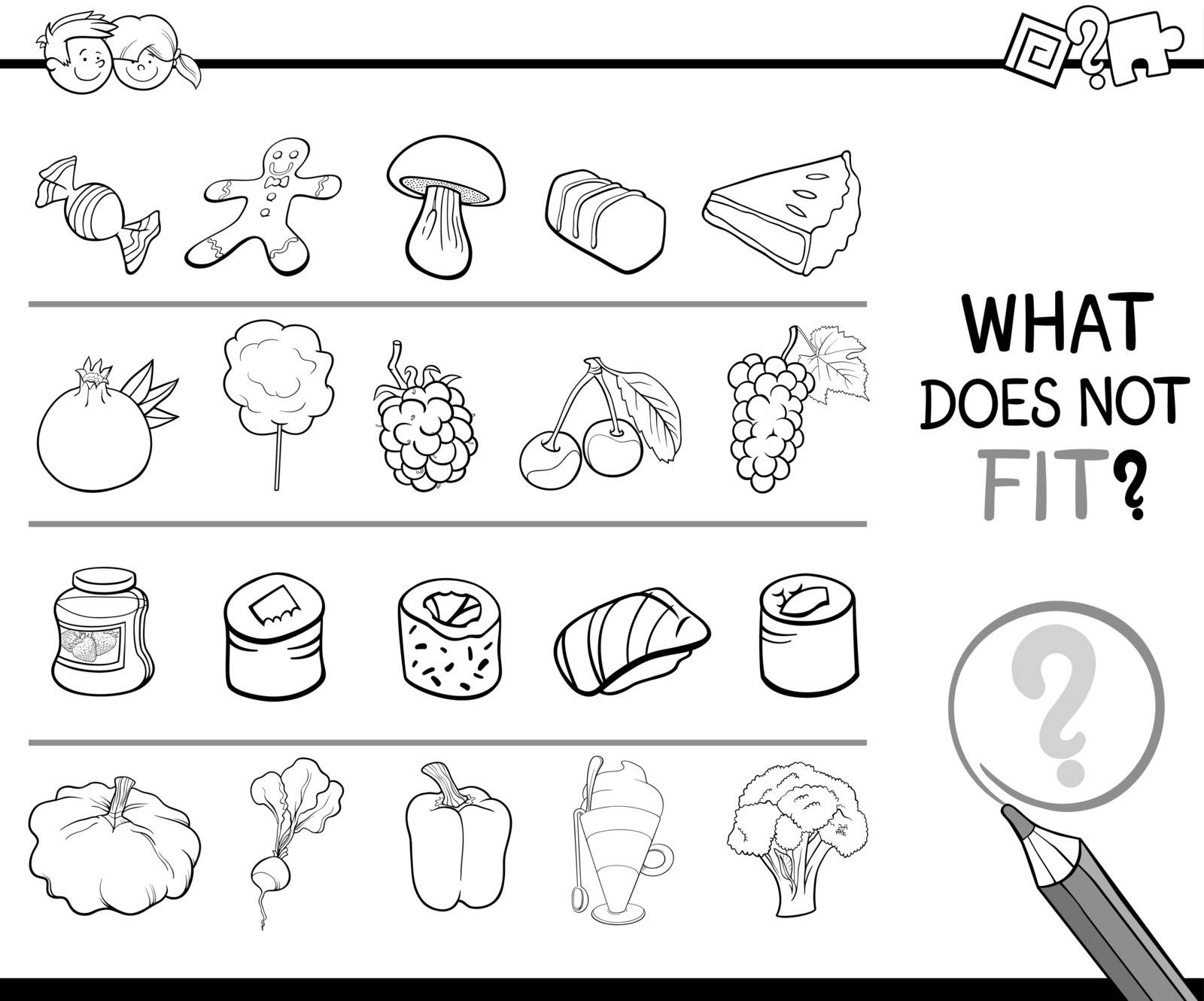 Black and White Cartoon Illustration of Finding Improper Picture in the Row Educational Activity for Children with Food Objects Coloring Page