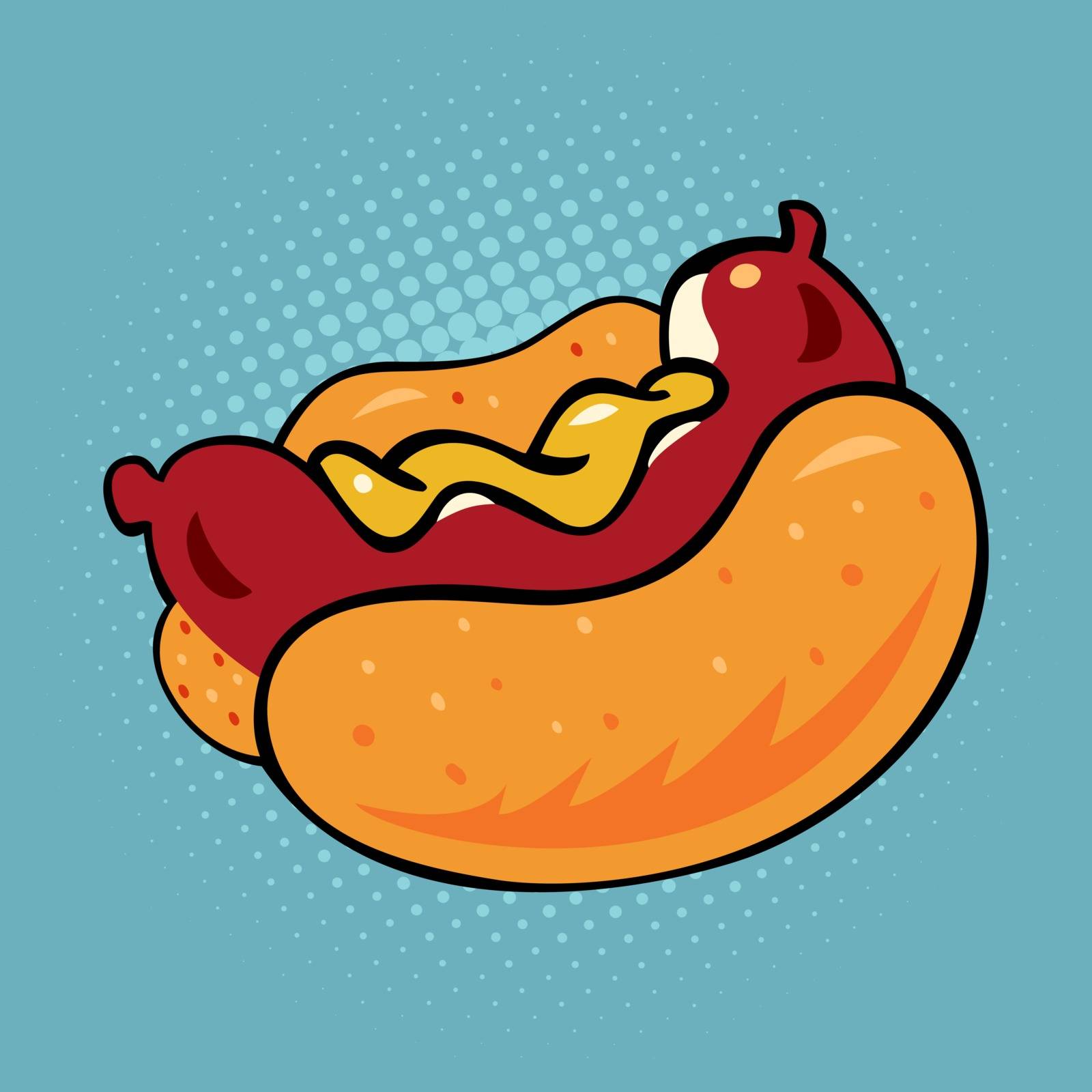 Hot dog fast food vector pop art retro style. Restaurants and street food. Sausage in the bun with mustard. Menu comic style