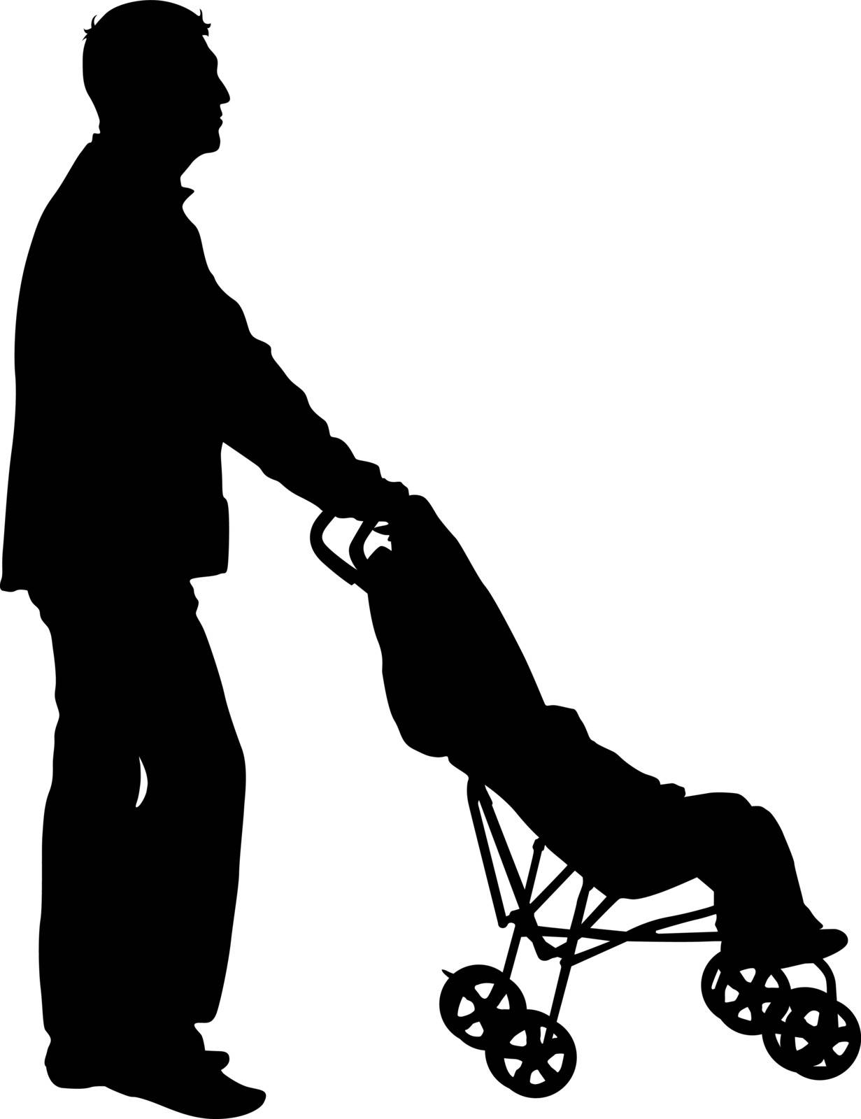 Black silhouettes father with pram on white background. Vector illustration by aarrows