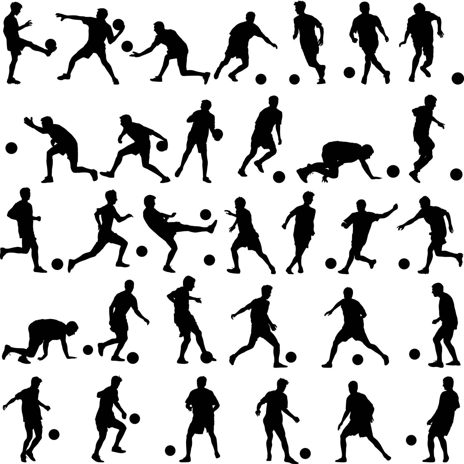 silhouettes of soccer players with the ball. Vector illustration by aarrows
