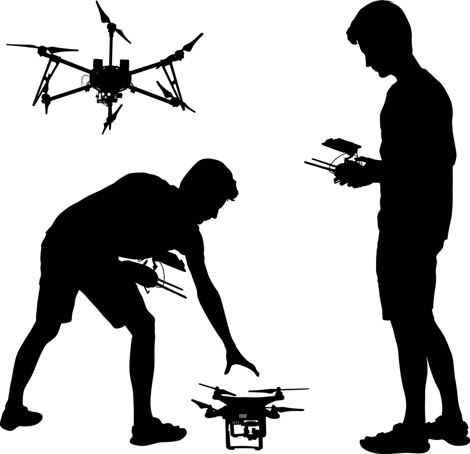Black silhouette of a man operates unmanned quadcopter vector illustration.