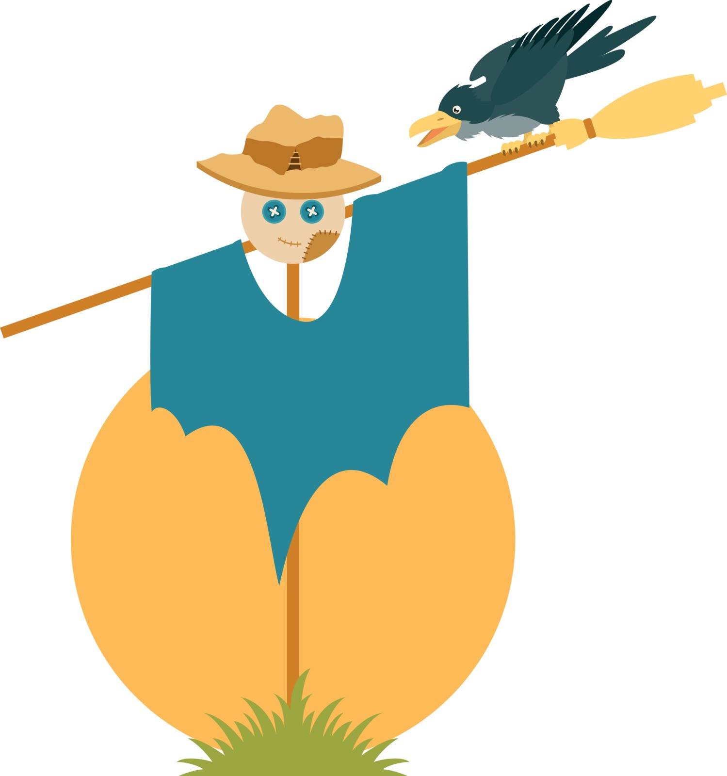 Vector image of a cartoon scarecrow in the grass