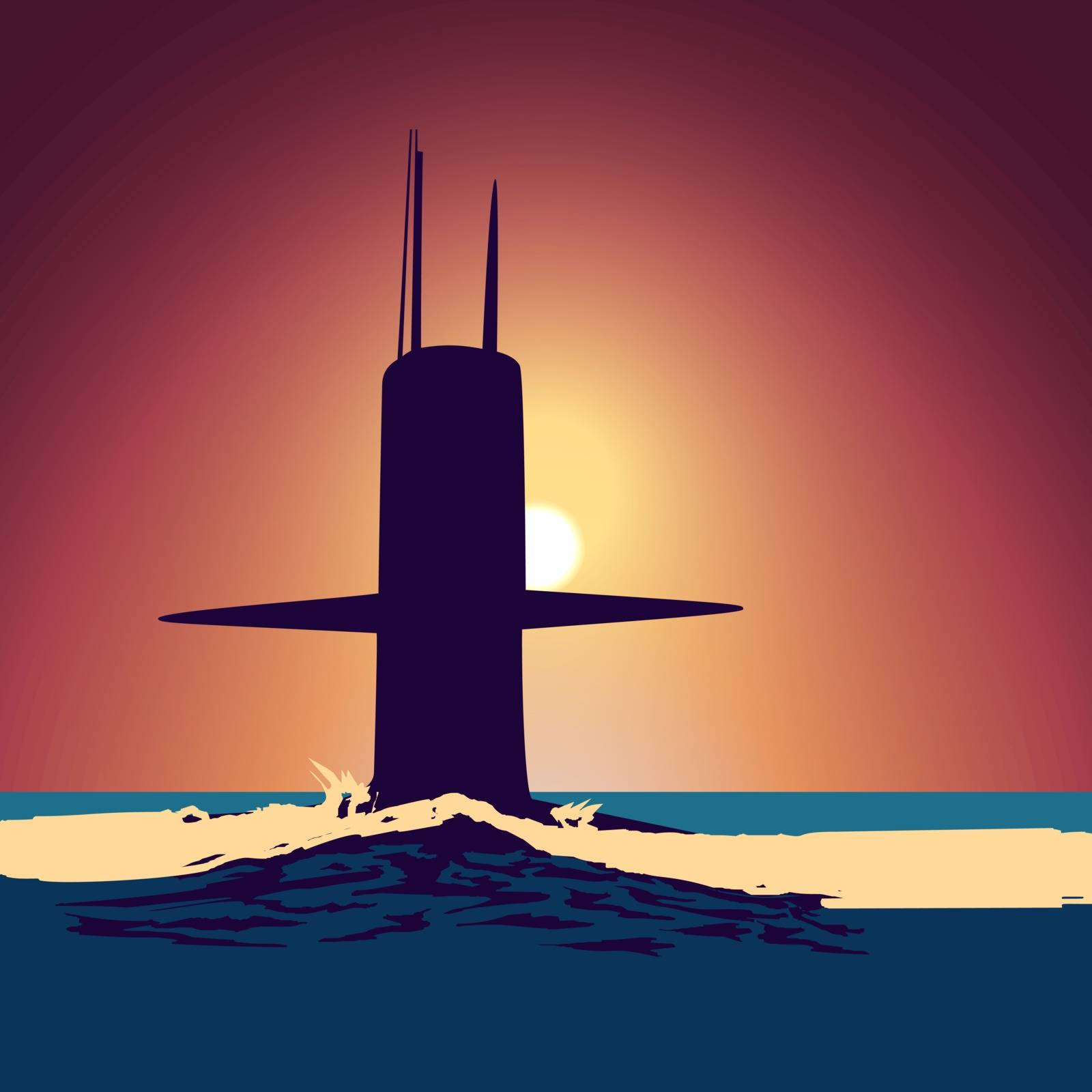 Military submarine silhouette on the background of a sunset