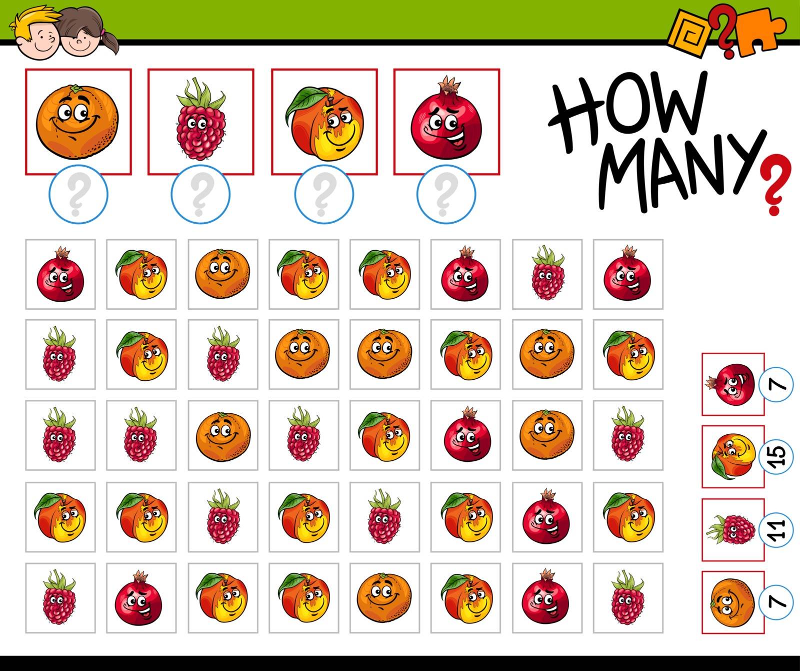 Cartoon Illustration of Educational Counting Activity for Children with Fruit Characters
