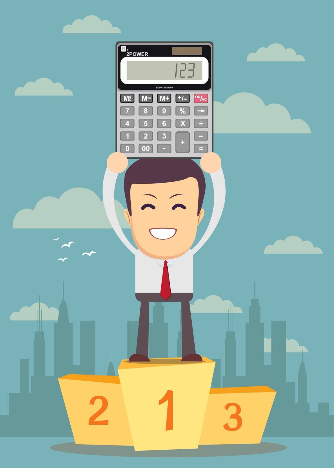 Businessman winner standing in first place on a podium with calculator over his head, he celebrates his victory vector illustration