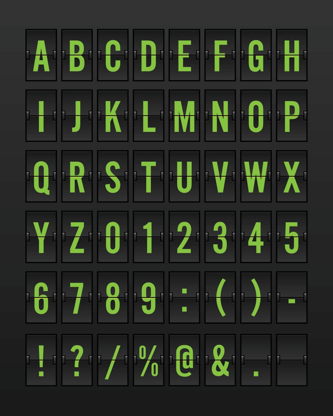 Airport Mechanical Flip Board Panel Font - Green Font on Dark Background Vector Illustration