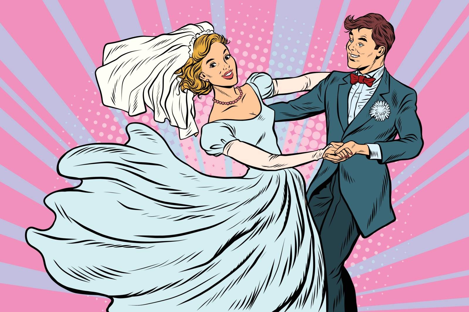 Wedding dance bride and groom. Pop art retro vector illustration. Loving couple man and woman