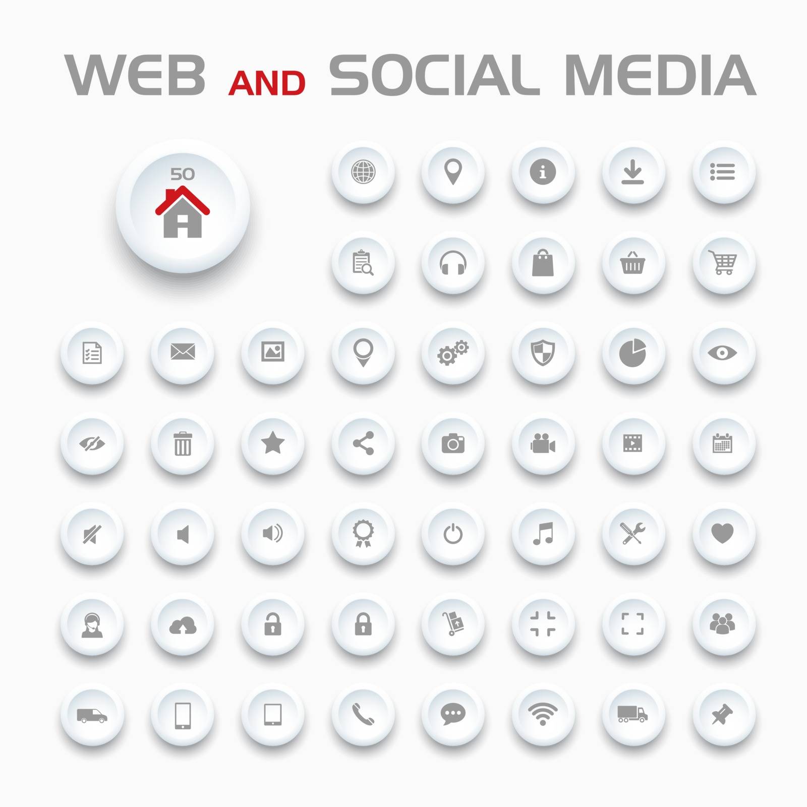 Web and social media on buttons and white background