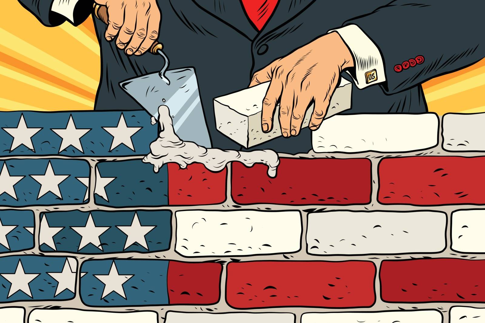 politician to build a wall on the USA border. United States flag. Illegal migration. Vintage pop art retro vector illustration. Brickwork