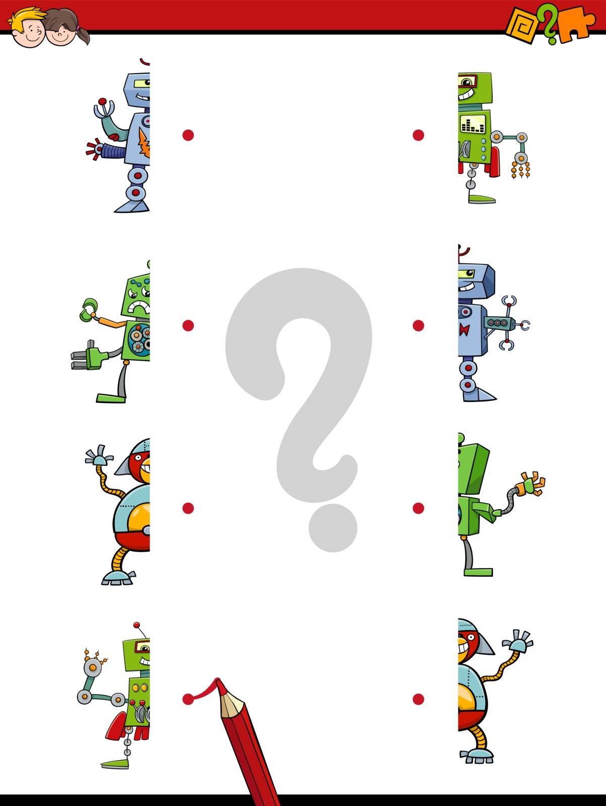 Cartoon Illustration of Educational Game of Matching Halves with Robot Characters