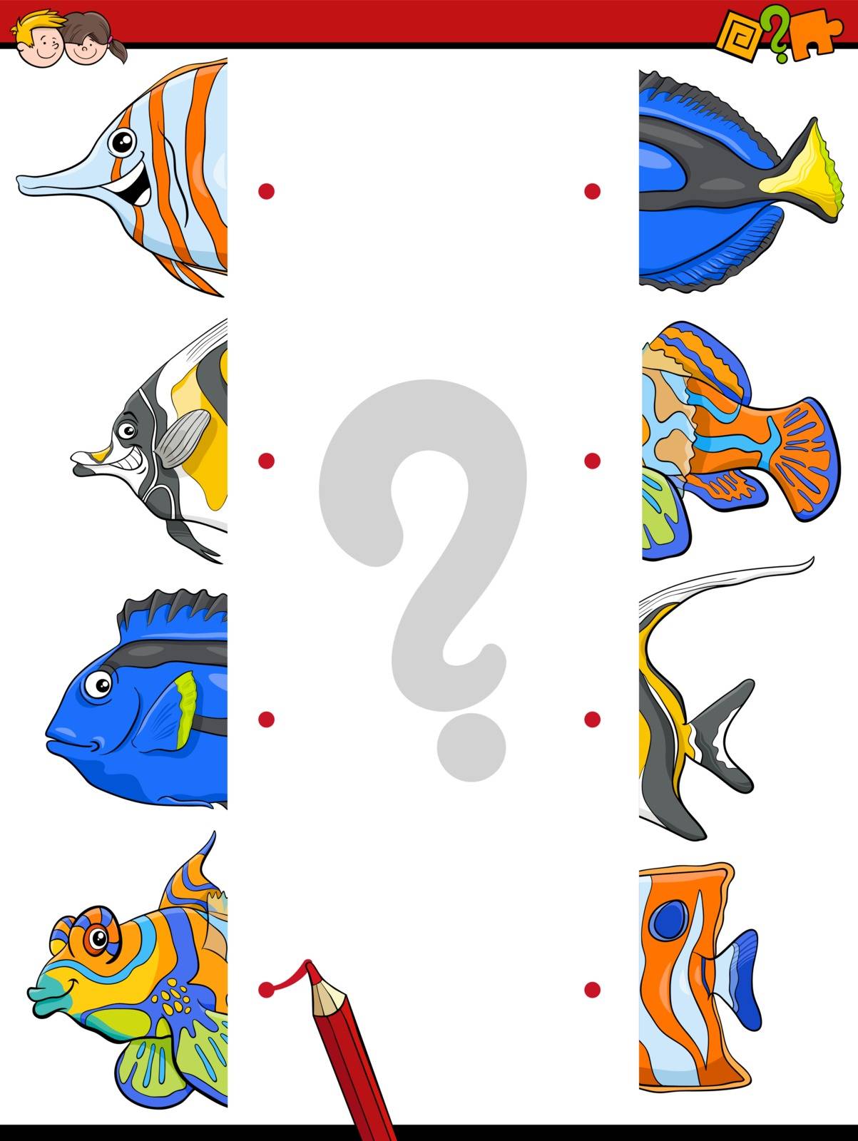Cartoon Illustration of Educational Game of Matching Halves with Fish Animal Characters