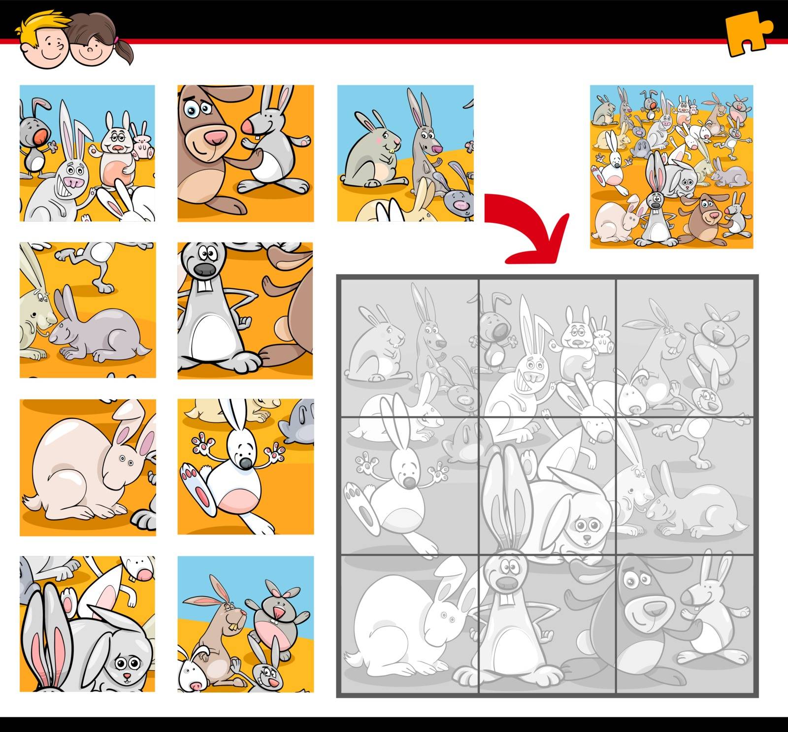 Cartoon Illustration of Education Jigsaw Puzzle Activity for Children with Bunnies Animal Characters