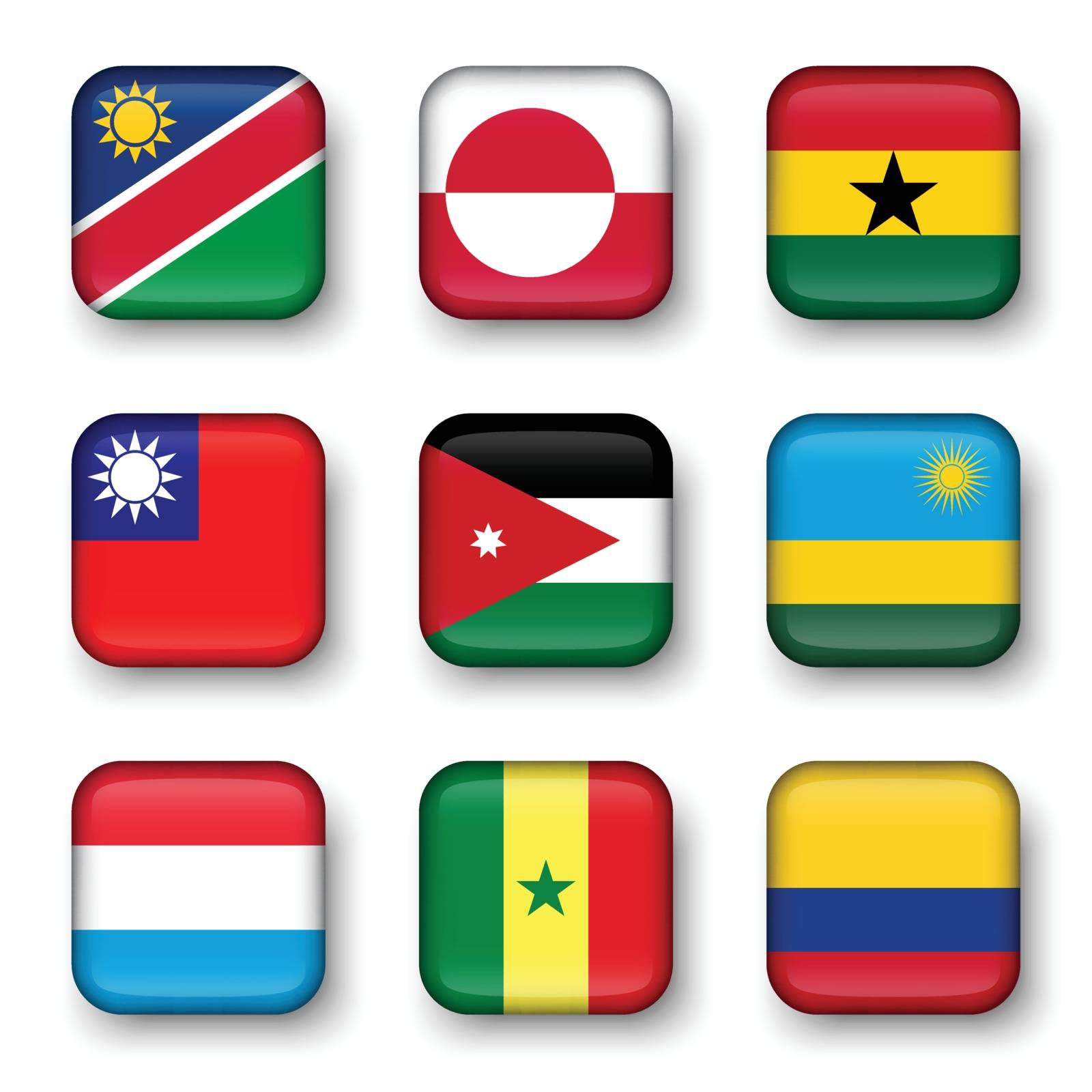 Set of world flags quadrangular badges ( Namibia . Greenland . Ghana . Taiwan . Jordan . Rwanda . Luxembourg . Senegal . Colombia )