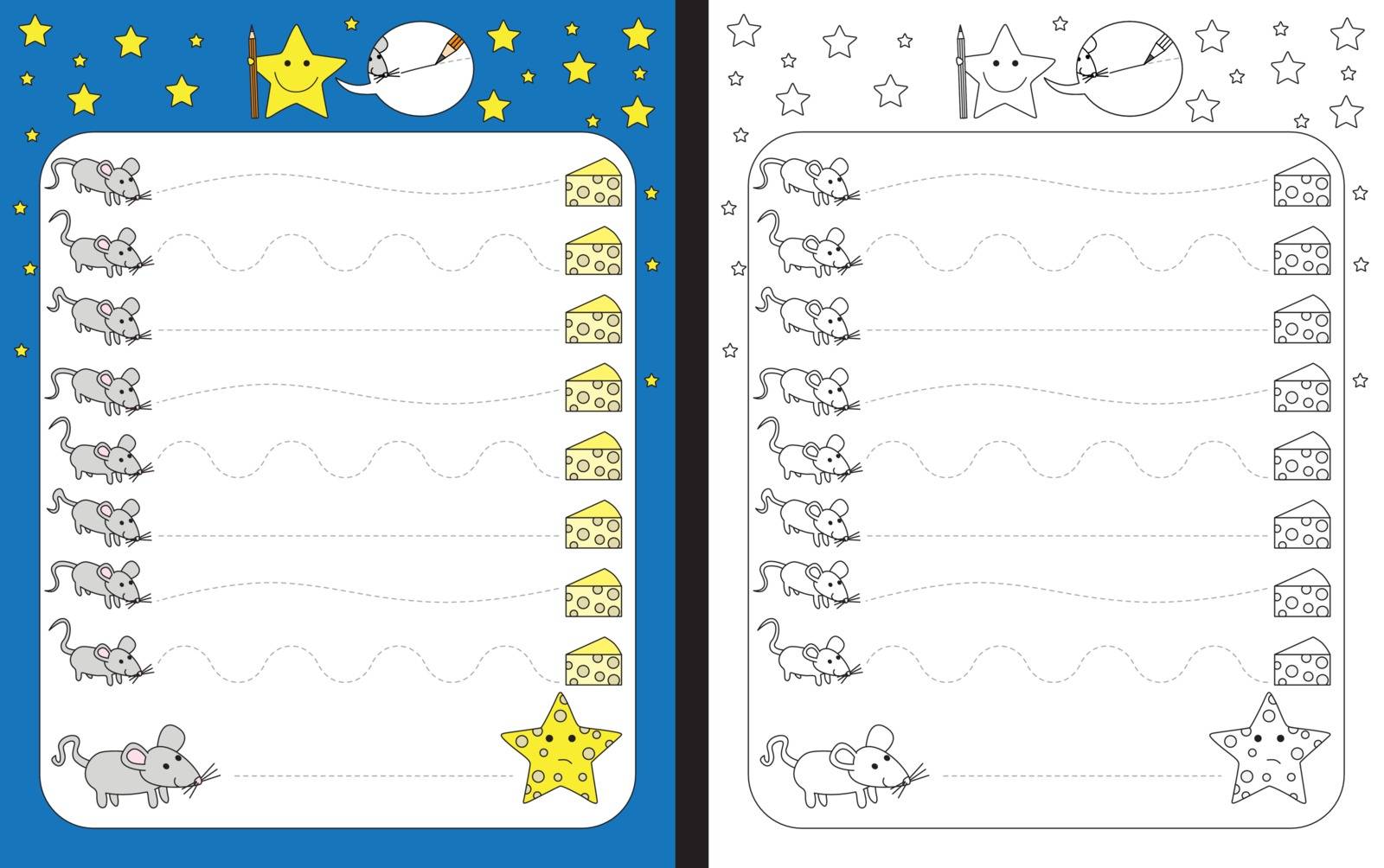 Preschool worksheet for practicing fine motor skills - tracing dashed lines from mice to cheese