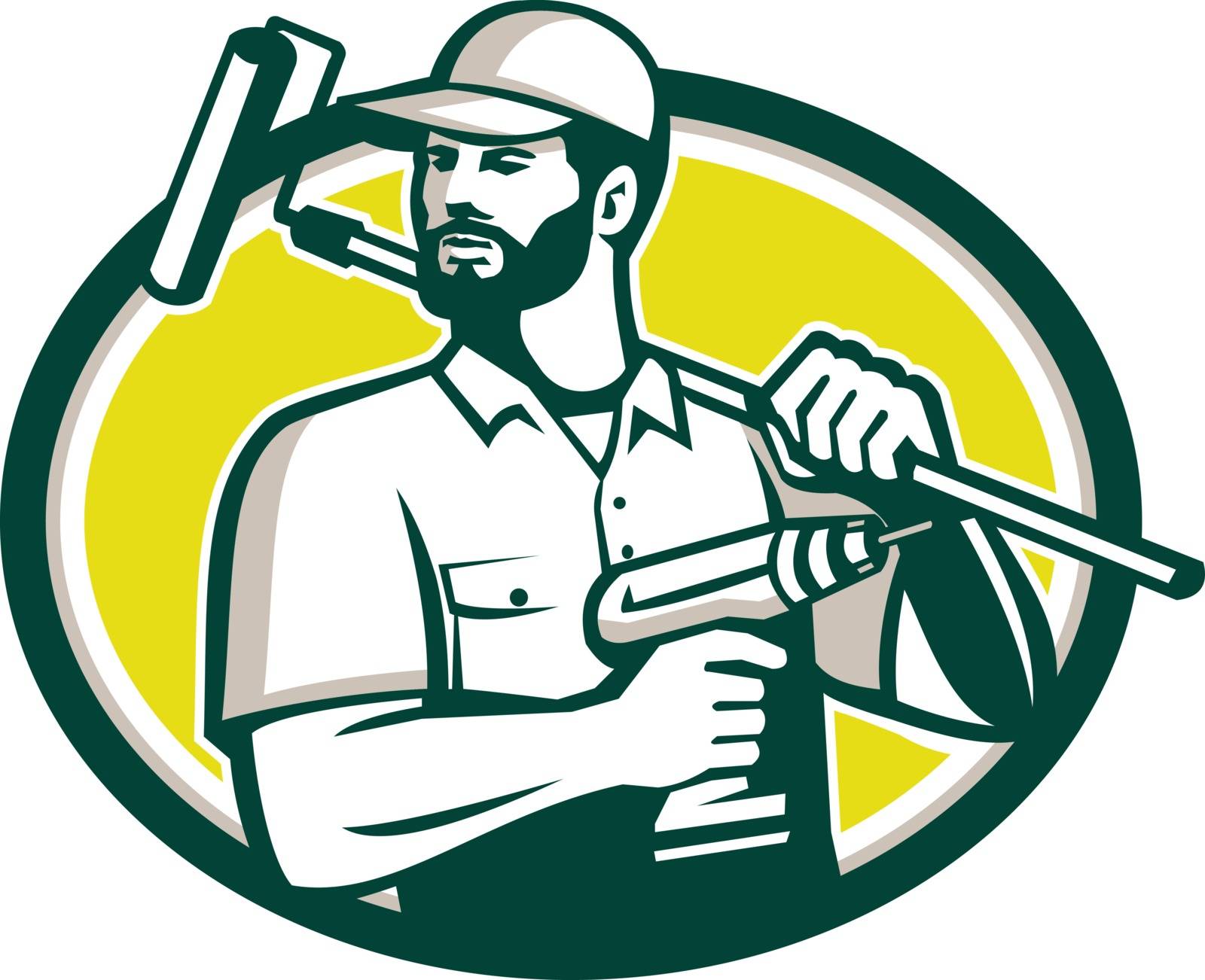 Illustration of a handyman with beard moustache facial hair holding paint roller on shoulder and cordless drill looking to the side set inside oval shape on isolated background done in retro style. 