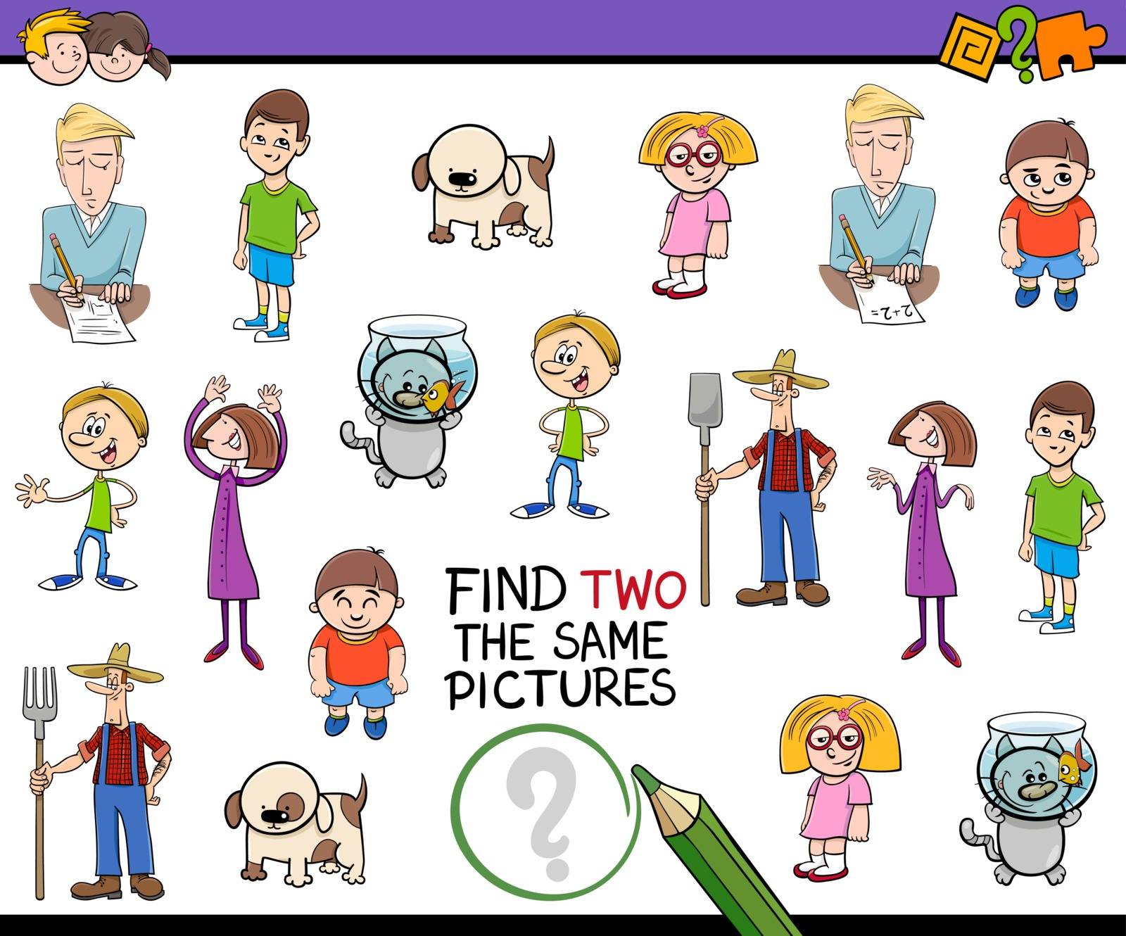 Cartoon Illustration of Find Identical Pair of Images Educational Activity for Children