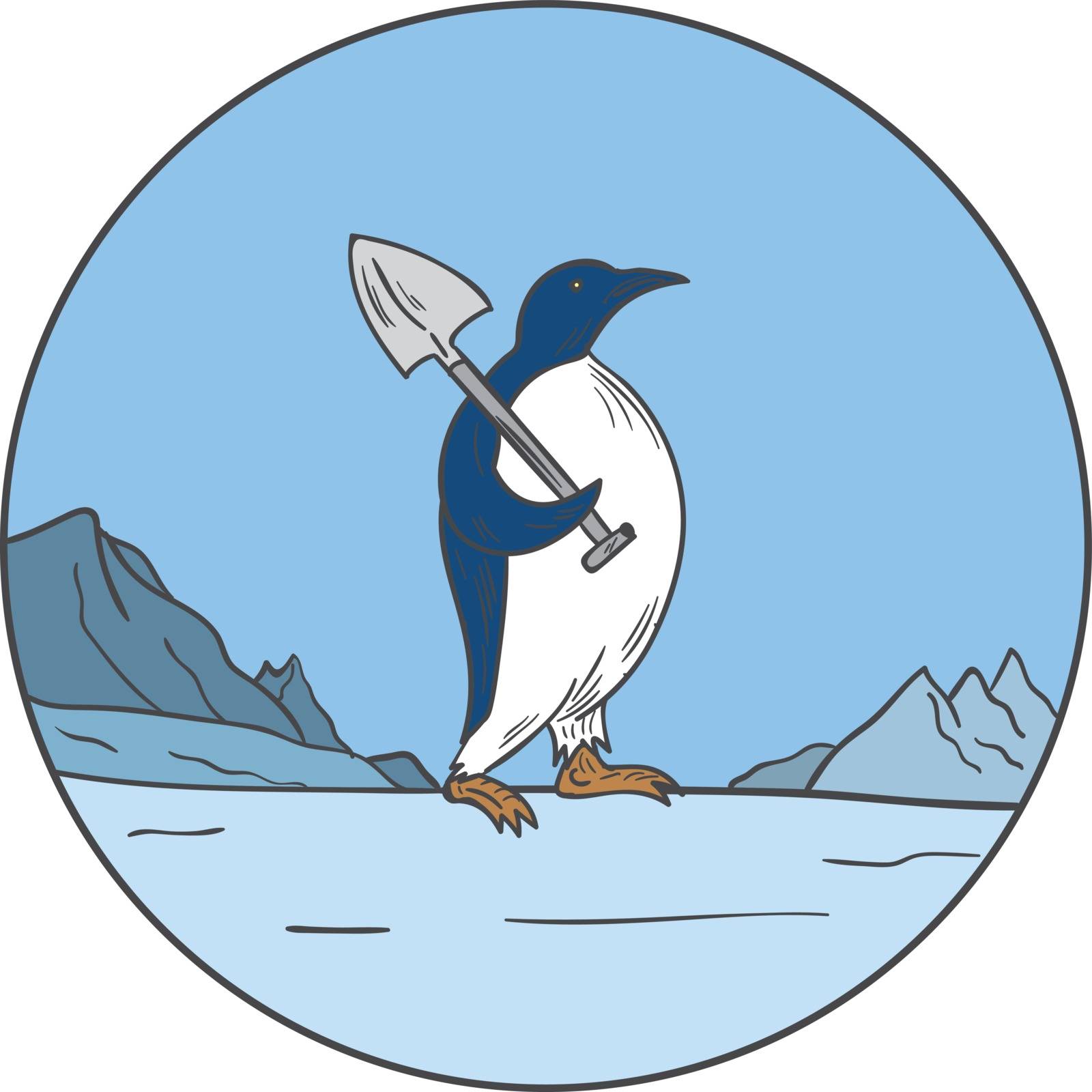 Mono line style illustration of an emperor penguin,Aptenodytes forsteri, a penguin species endemic to Antarctica carrying a shovel and walking on ice with snow mountains in background set inside circle. 