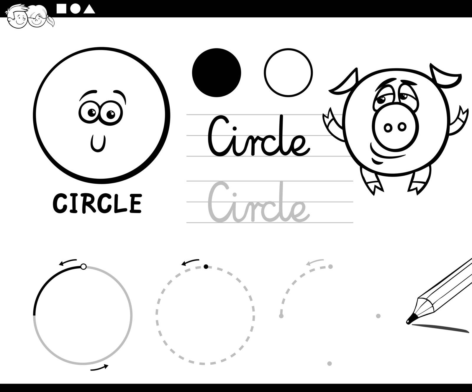 Black and White Educational Cartoon Illustration of Circle Basic Geometric Shape for Children Coloring Page