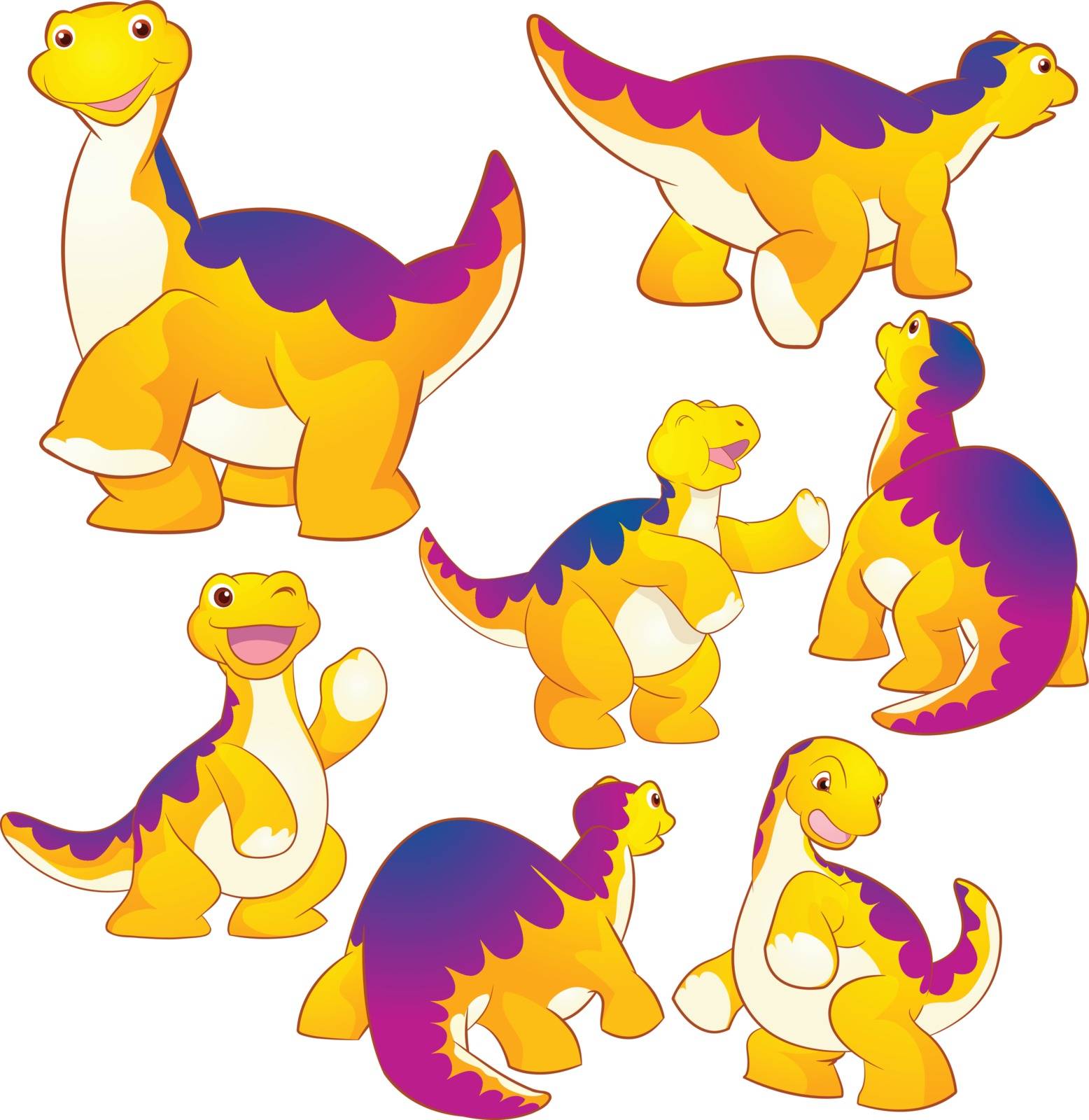 Cute yellow Apatosaurus cartoon character many actions