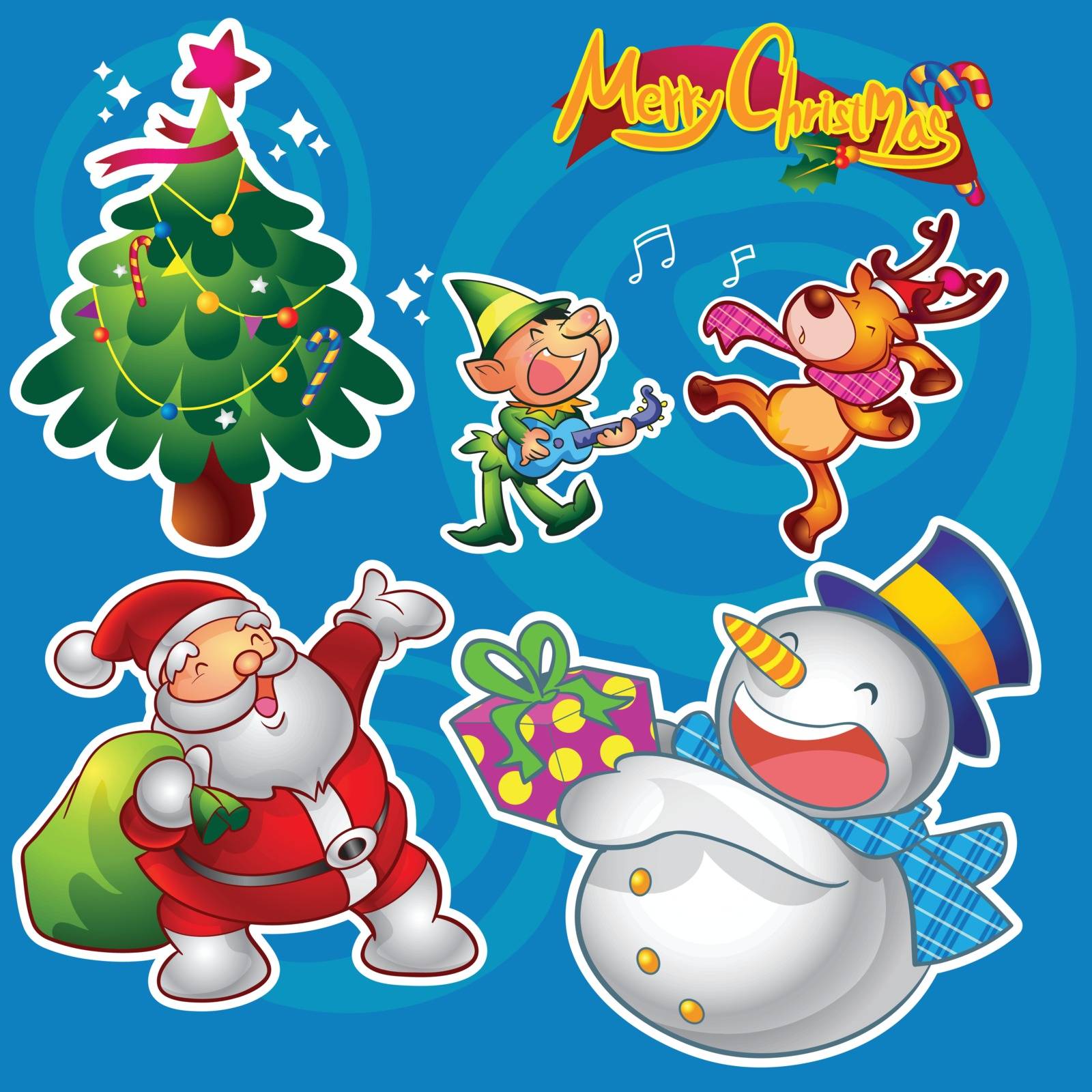 Vector set of colorful cute christmas characters and decorations