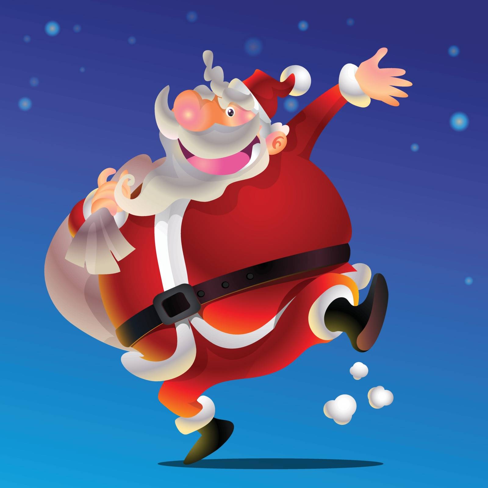 Cute Santa Claus cartoon happy say hi carrying sack full of gifts. 