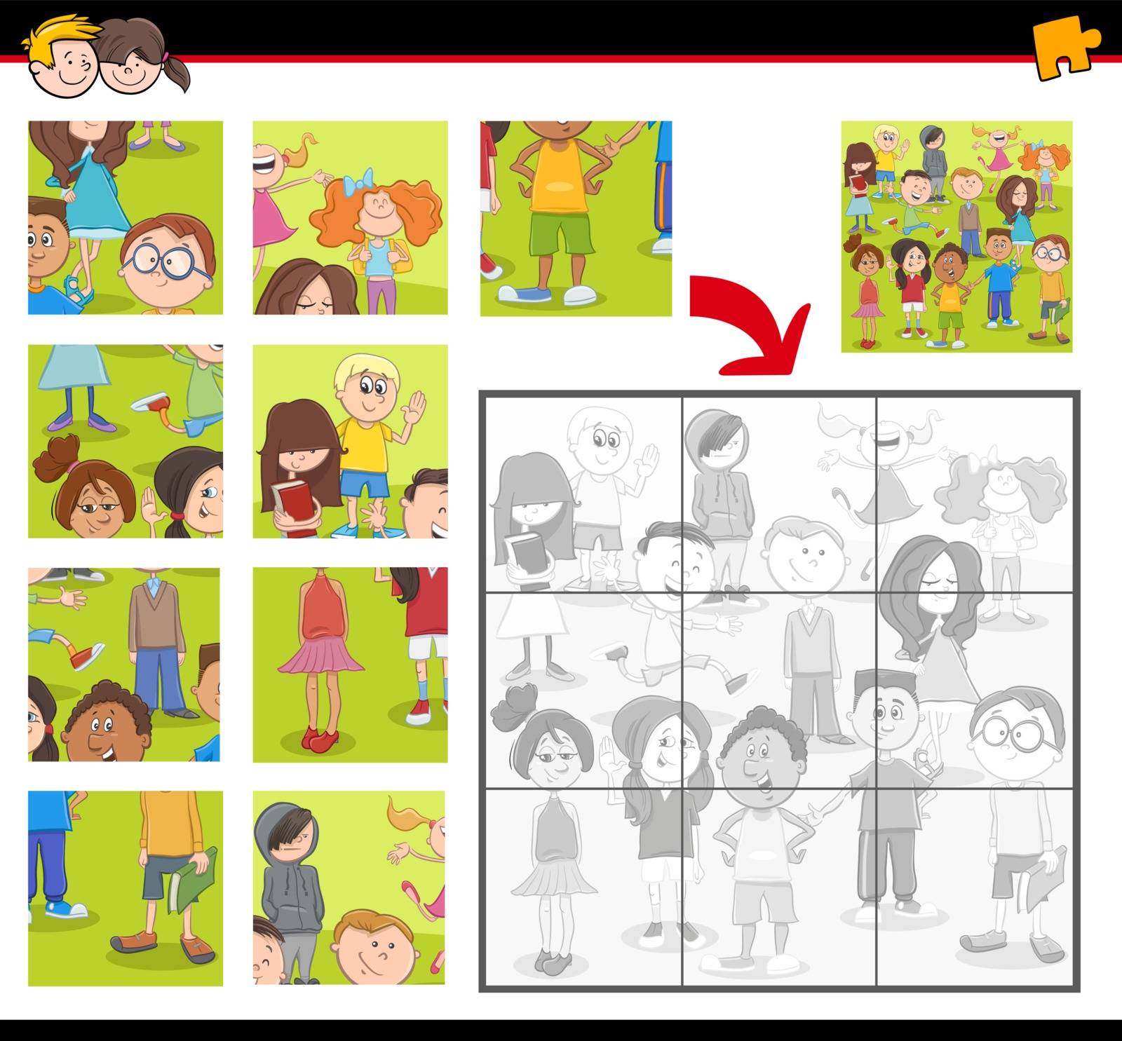 Cartoon Illustration of Education Jigsaw Puzzle Activity for Preschool Children with Teen Kid Characters