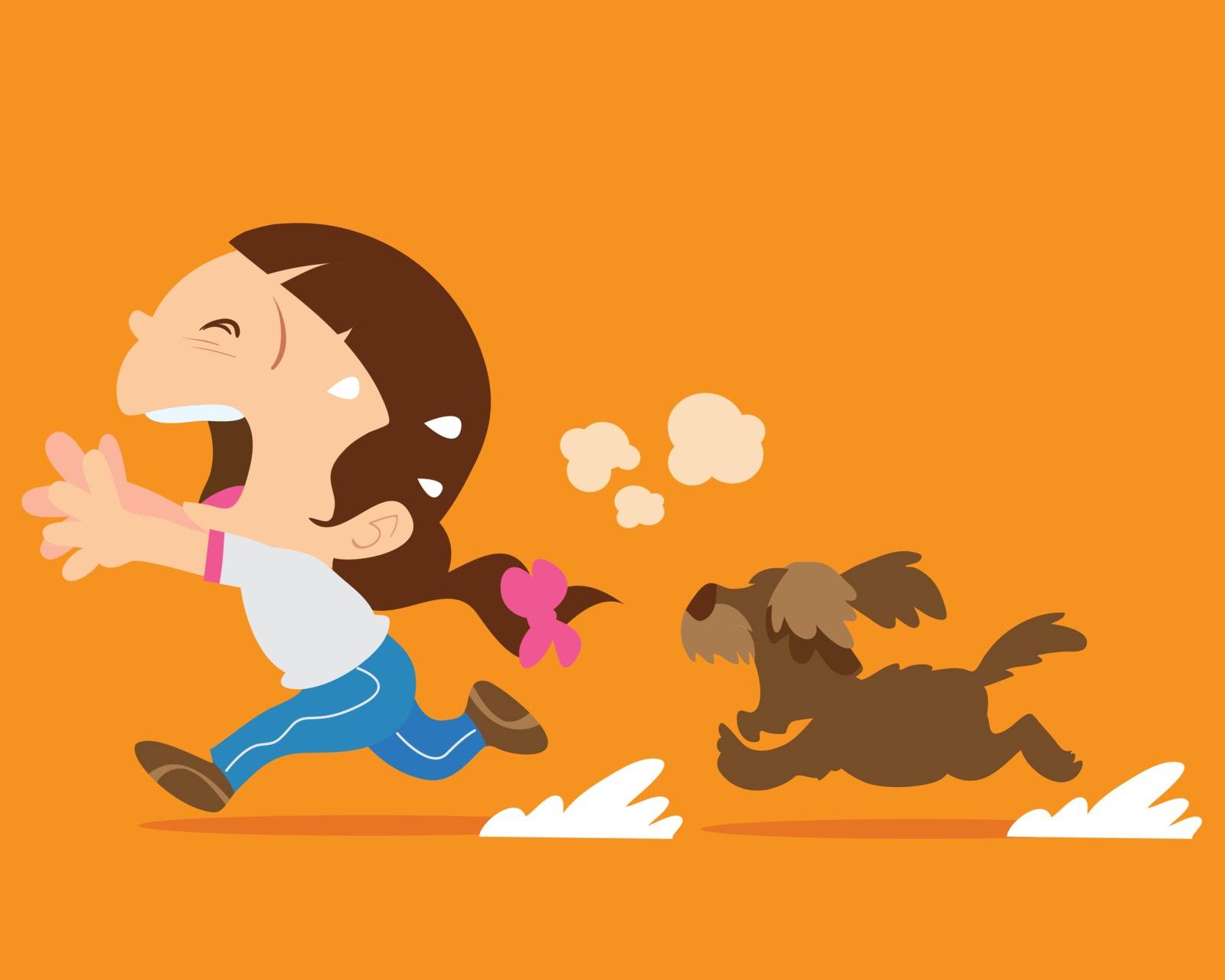 Cute girl running away from angry dog.Dogs chases to bite