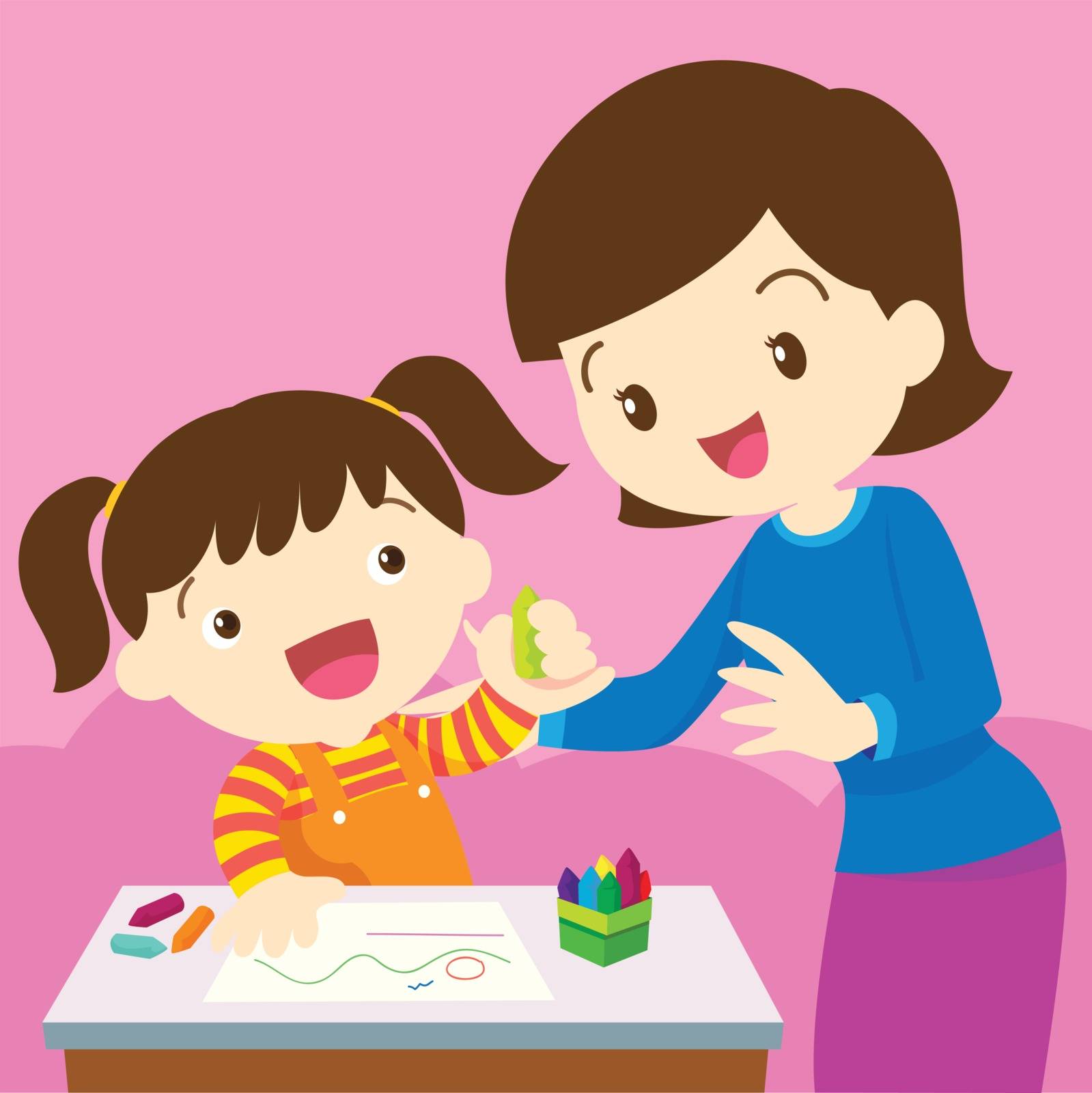 Illustration of a Mother Teaching Her daughter.Mom and children happy for coloring
