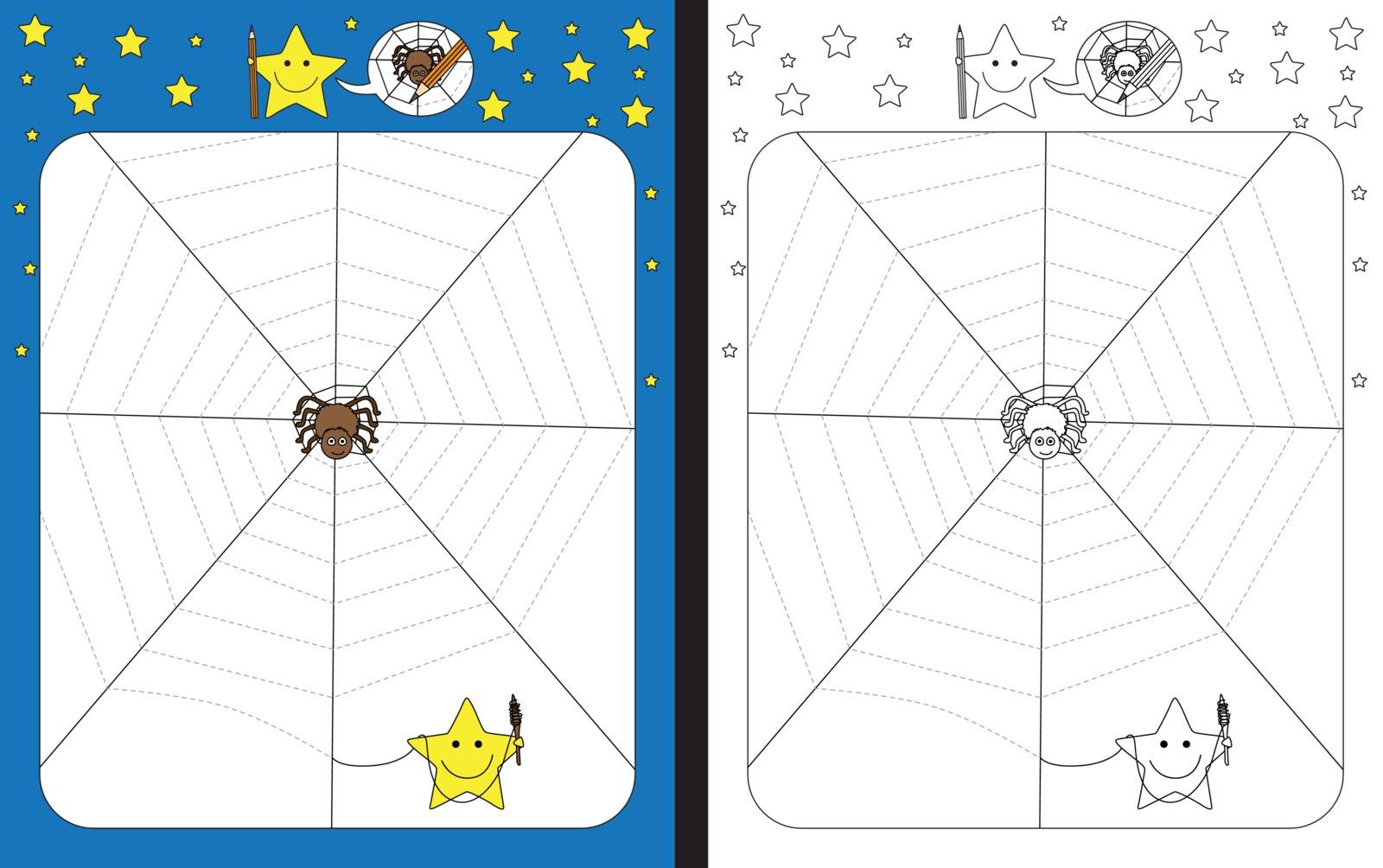 Preschool worksheet for practicing fine motor skills - tracing dashed lines - finish the spider web