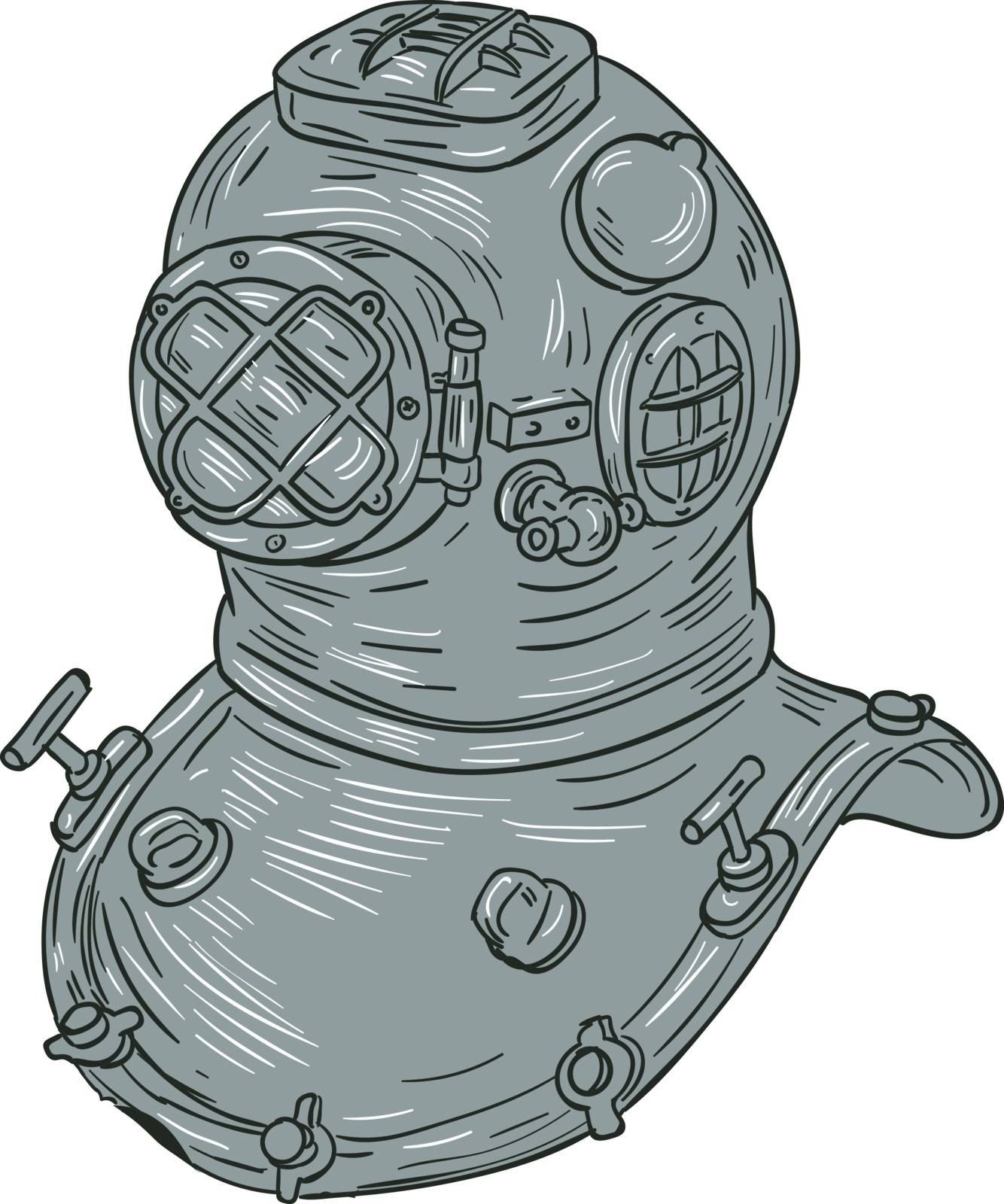 Drawing sketch style illustration of a copper and brass old school deep sea dive diving helmet or Standard diving helmet (Copper hat), worn mainly by professional divers engaged in surface supplied diving set on isolated white background. 