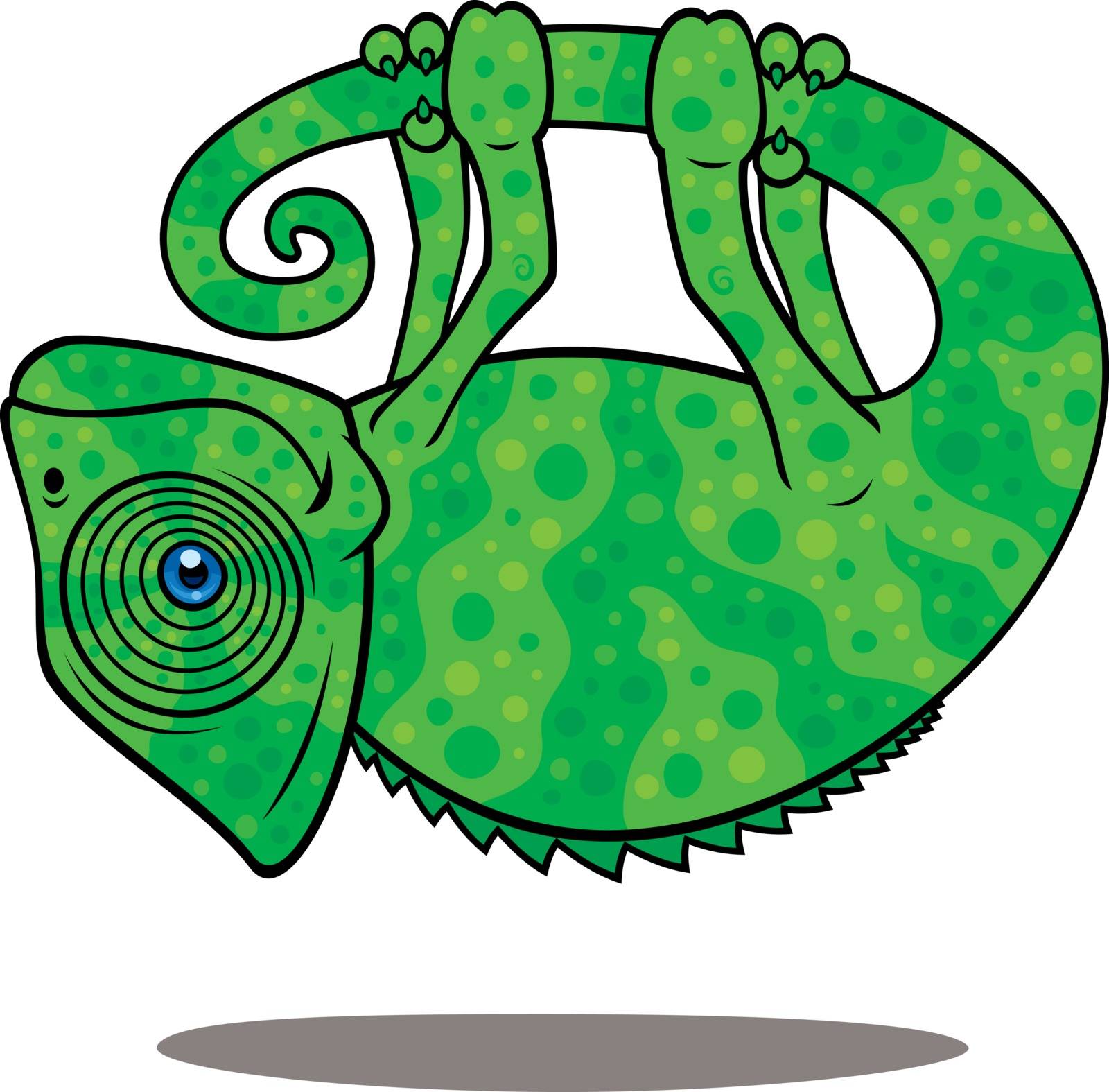 Vector cartoon illustration of a magical chameleon hanging from his own tail, levitating in the air.