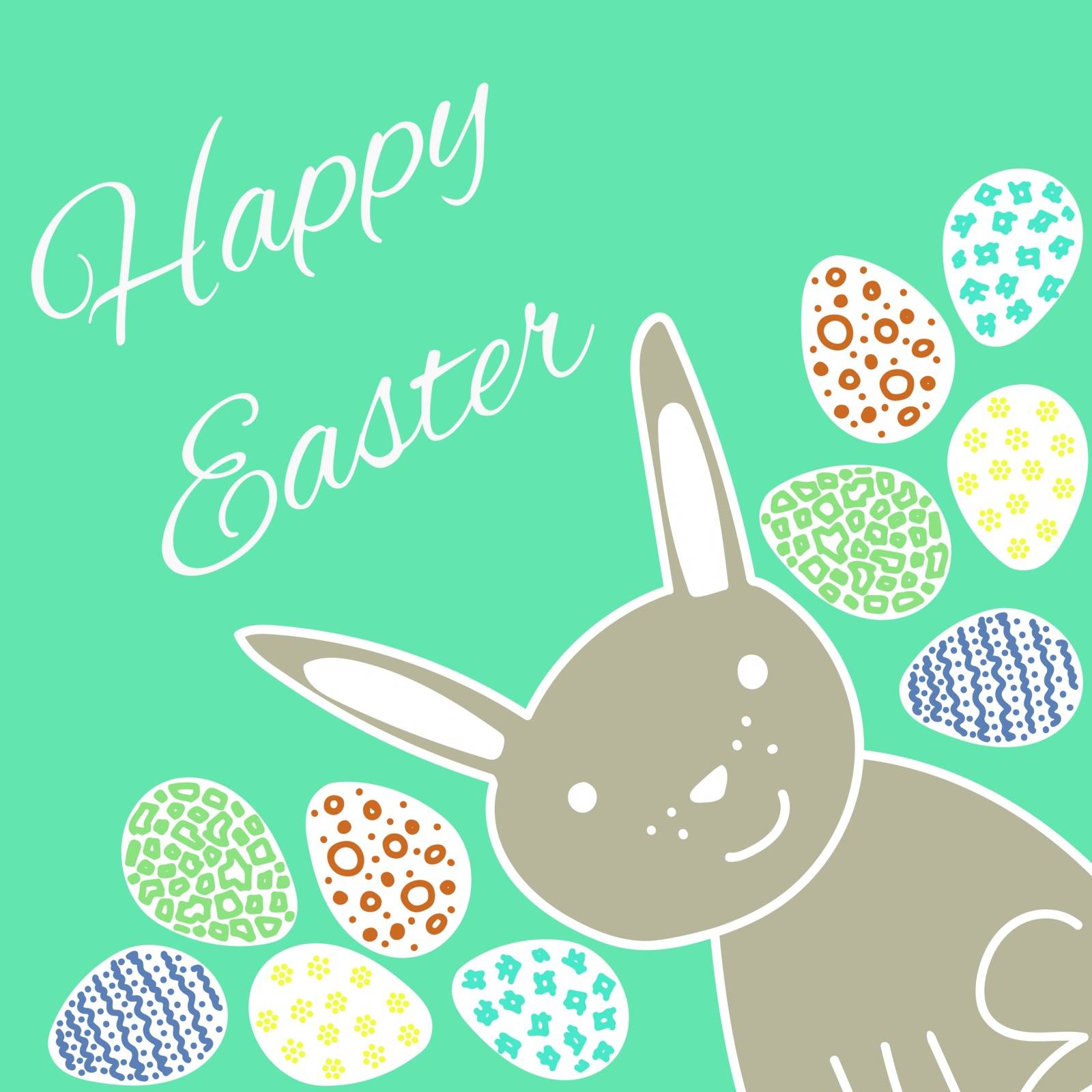 Happy Easter greeting card with cute rabbit and colored eggs