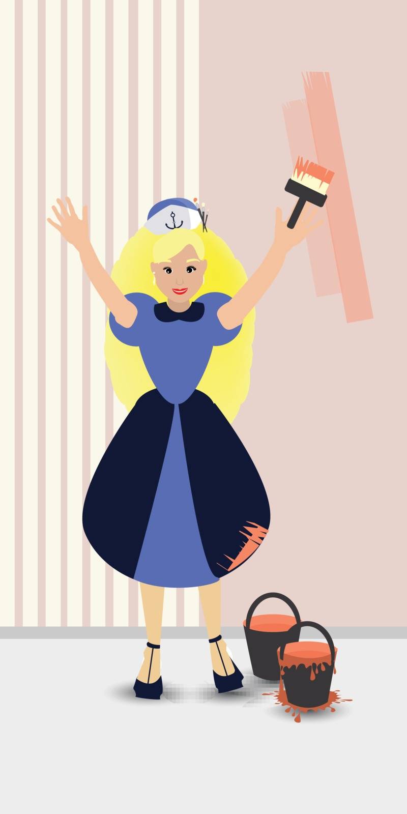 Brush and roller for paint. Painting and restoration. Painting works. a girl sailor. Illustration for your design