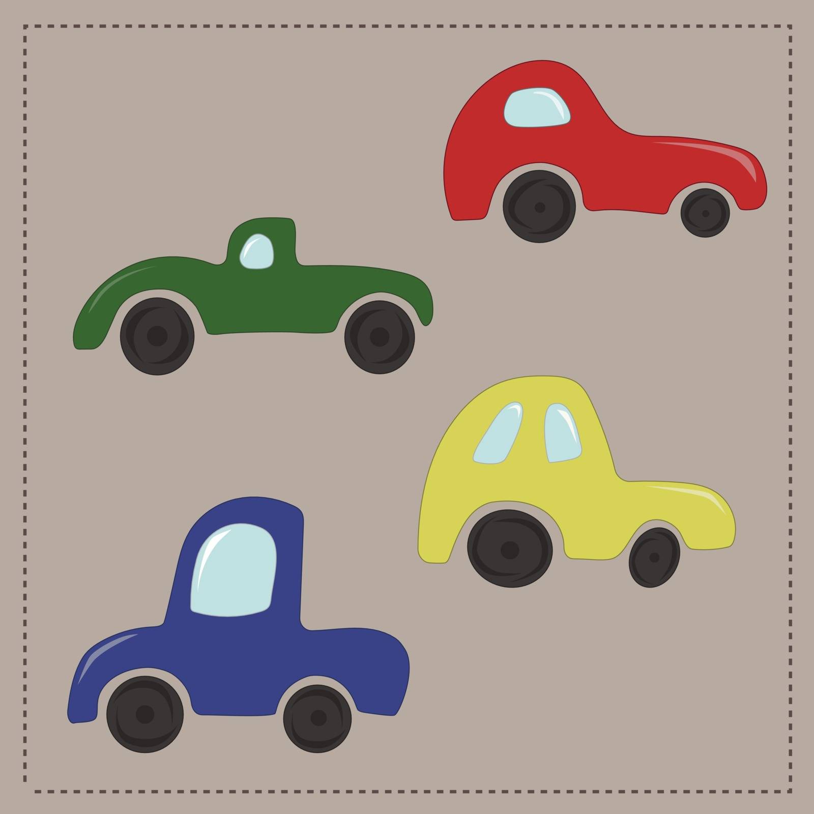 Childrens colorful cartoon cars on brown background
