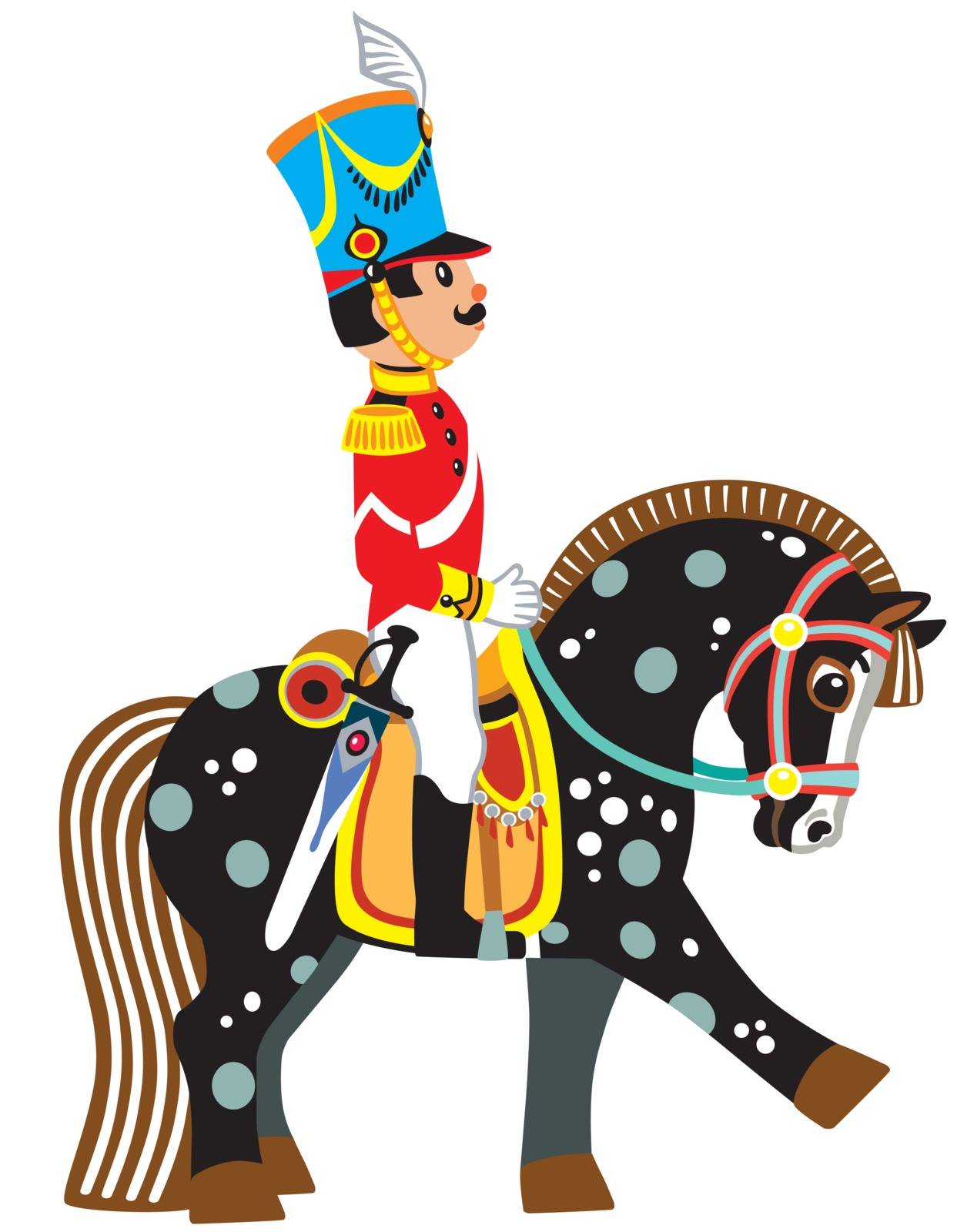 cartoon soldier riding a black horse. Side view vector illustration for little kids