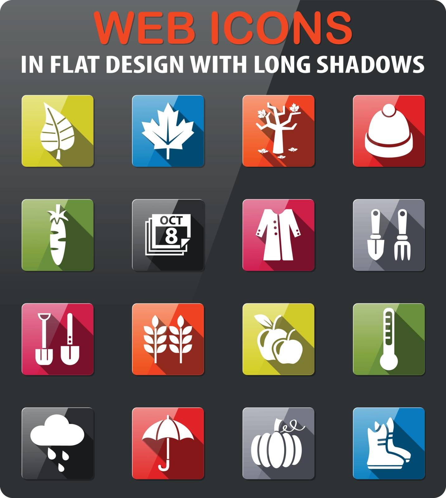 autmn icons set in flat design with long shadow