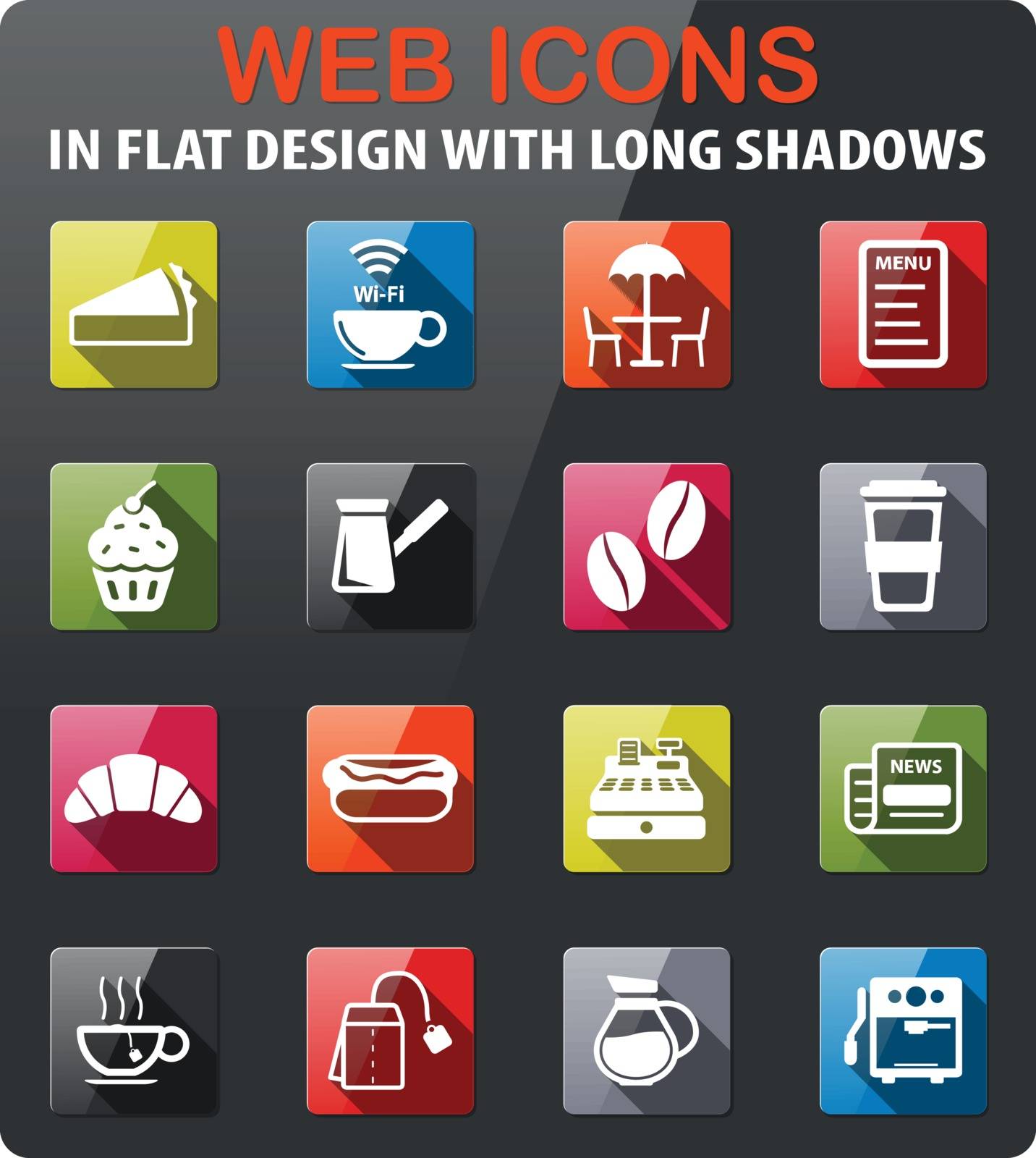Cafe icons set in flat design with long shadow