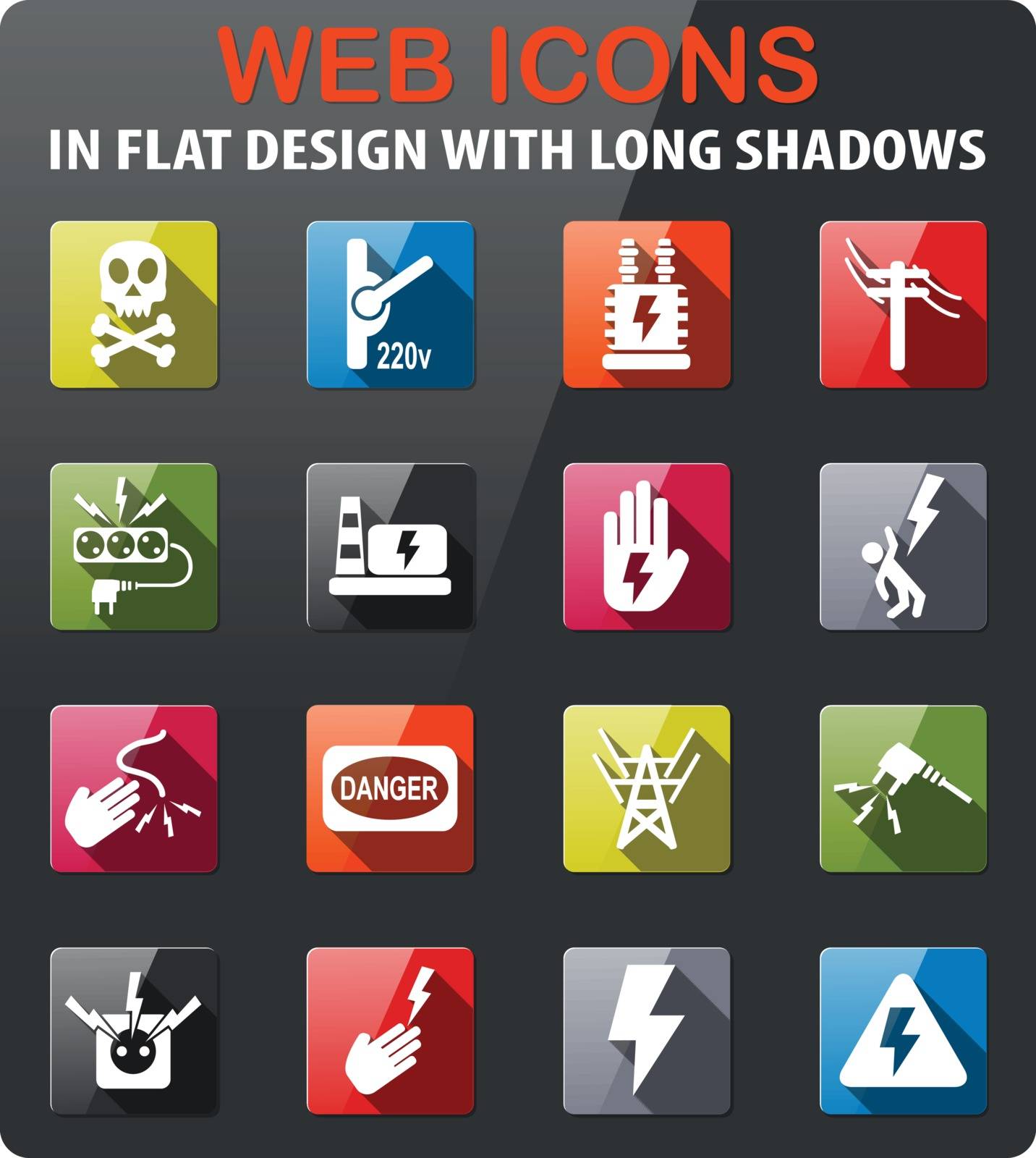 high voltage icons set in flat design with long shadow