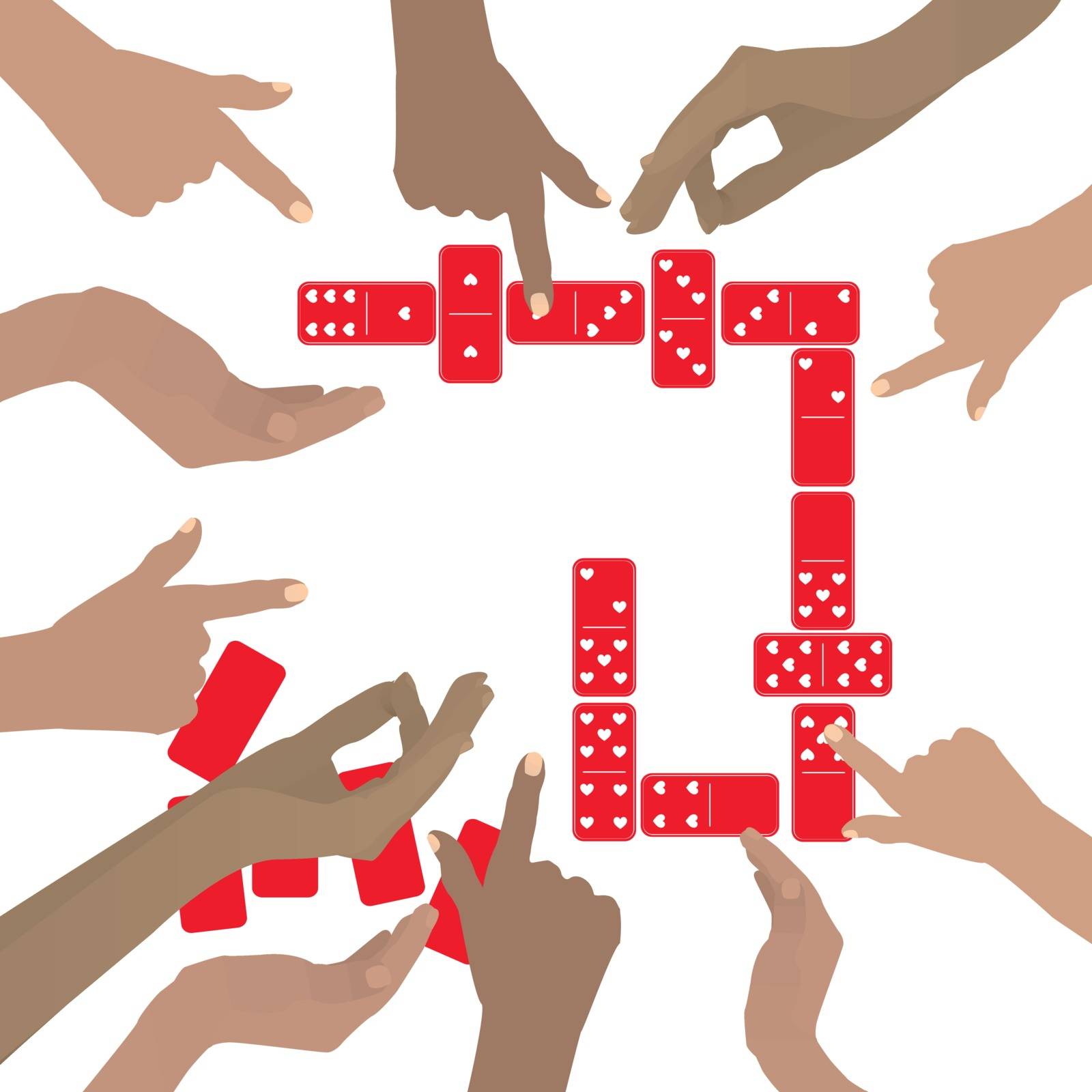 Hands playing dominoes red. On a white background. Illustration for your design.
