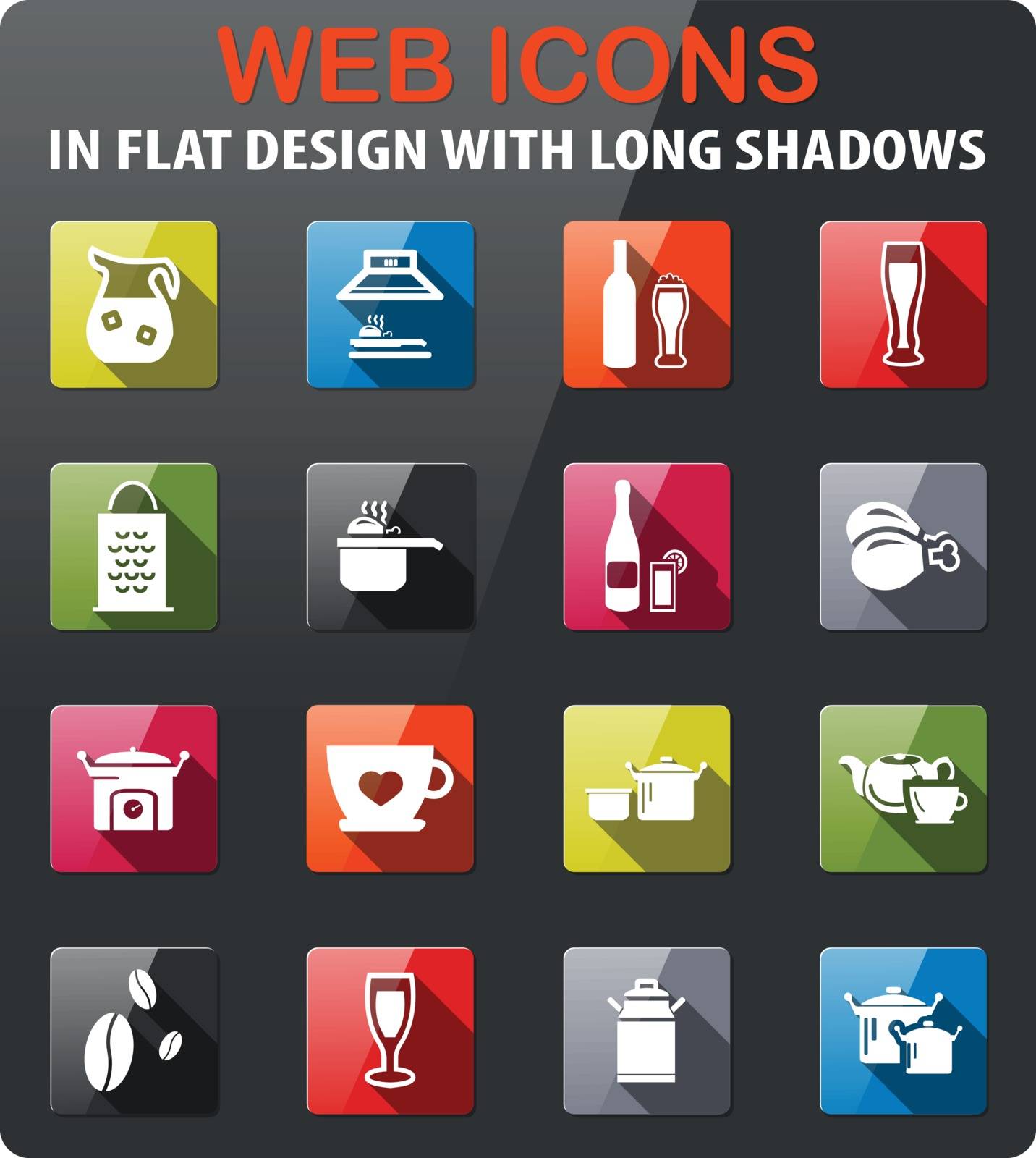 food and kitchen icons set in flat design with long shadow