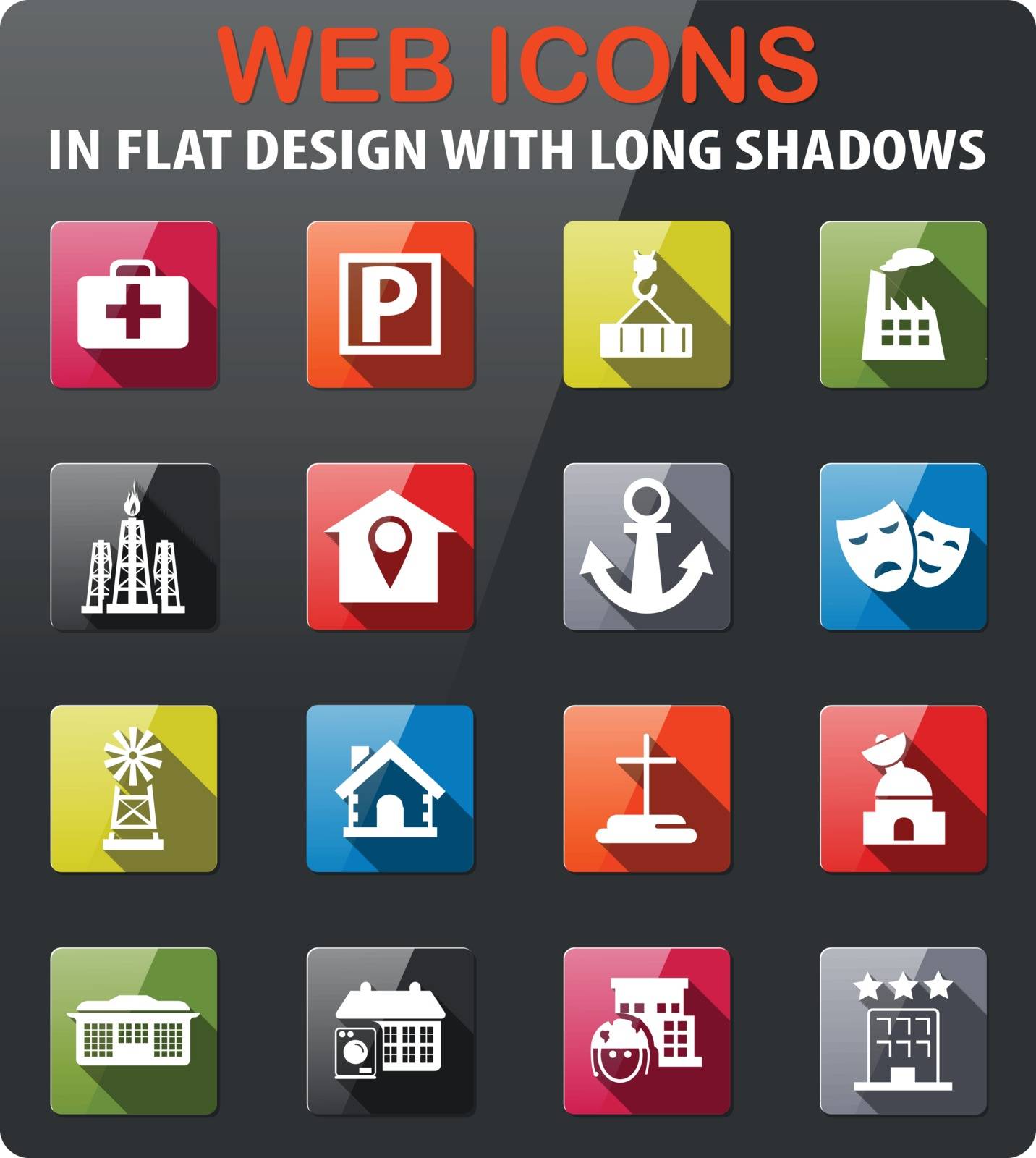 infrastructure icons set in flat design with long shadow