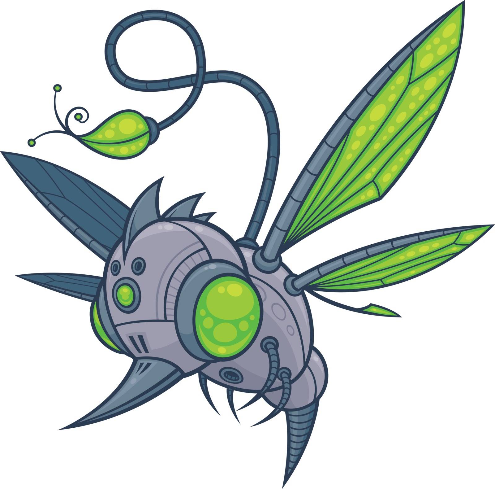 Vector cartoon illustration of a flying robot drone with green eyes and wings. Sadly, he was designed to take the place of hummingbirds, bees and other pollinating insects when they all became extinct.