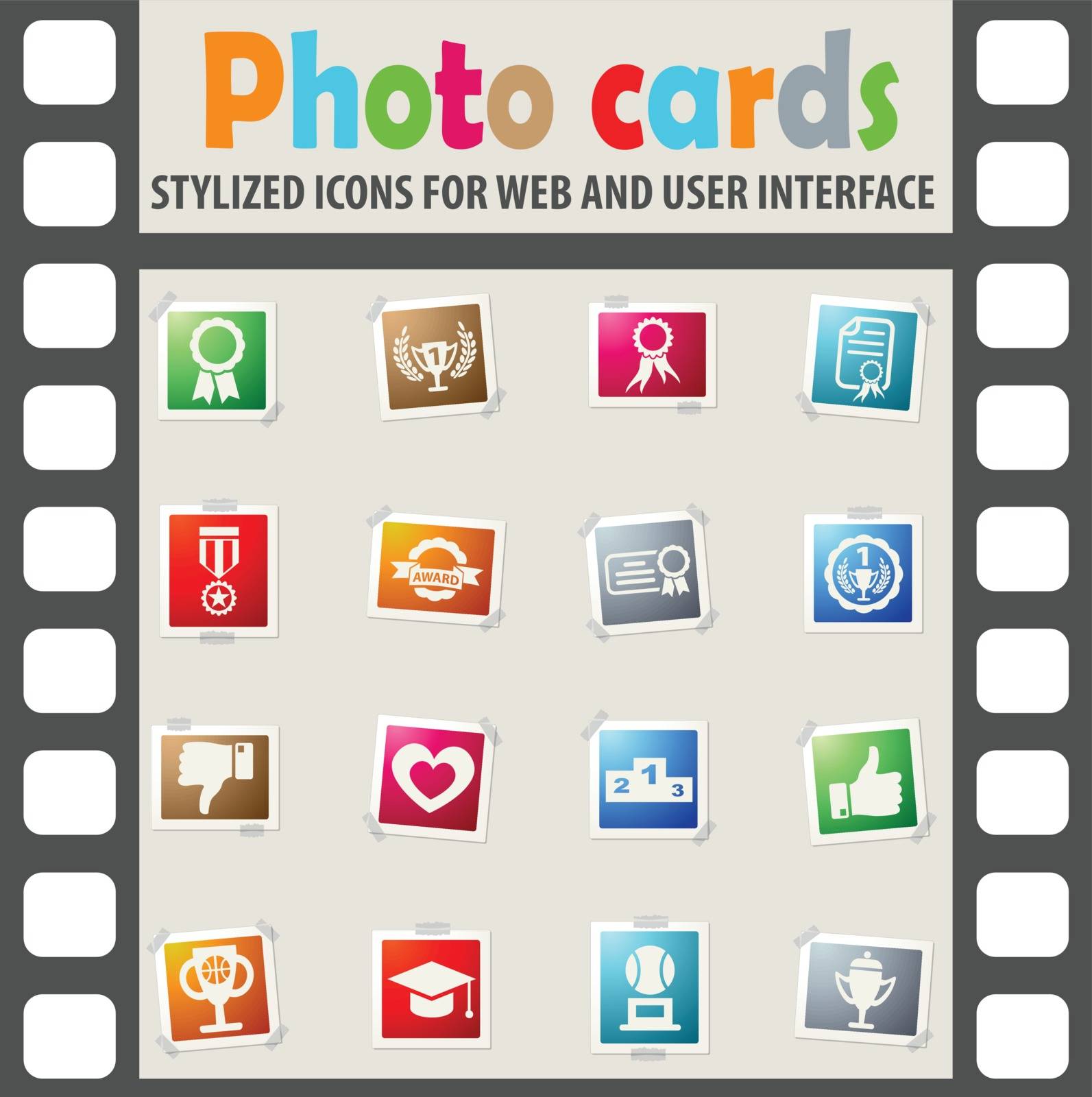 award web icons on color photo cards for user interface
