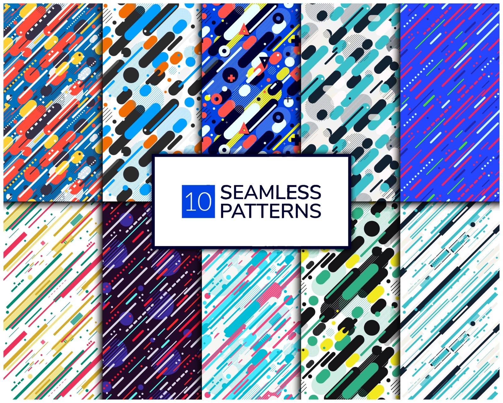 Set of 10 seamless colorful patterns with geometric elements. Dynamic backgrounds in futuristic style. Pattern is suitable for posters, postcards, fabric or wrapping paper