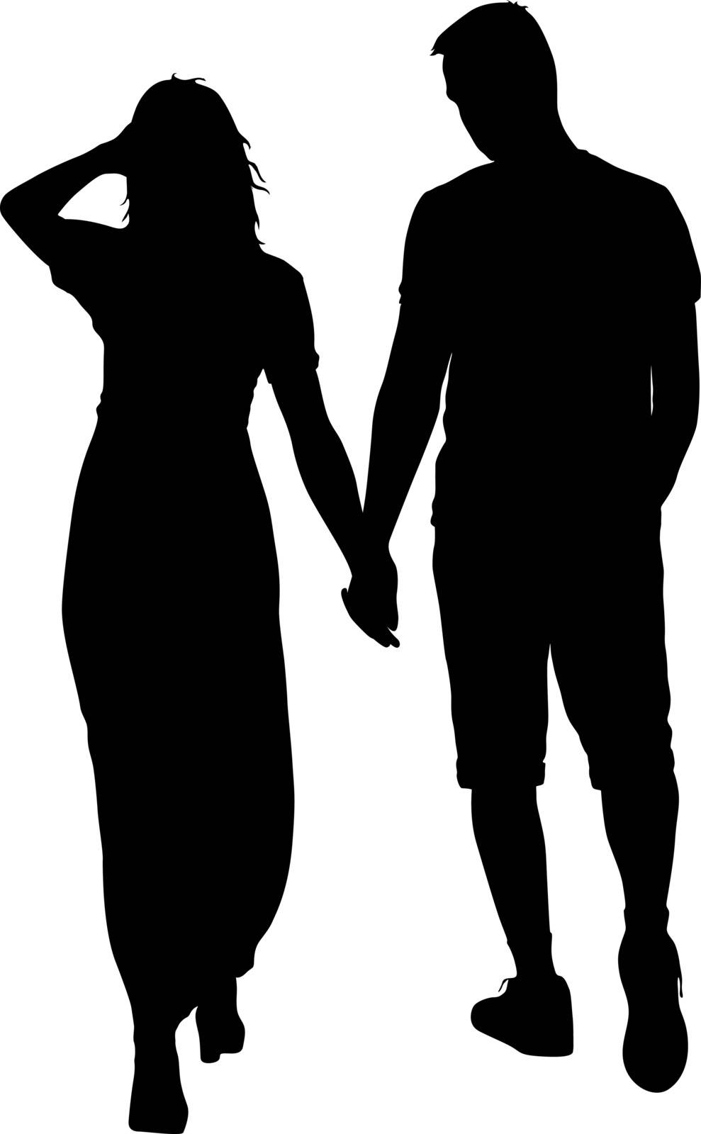 Silhouette man and woman walking hand in hand by aarrows