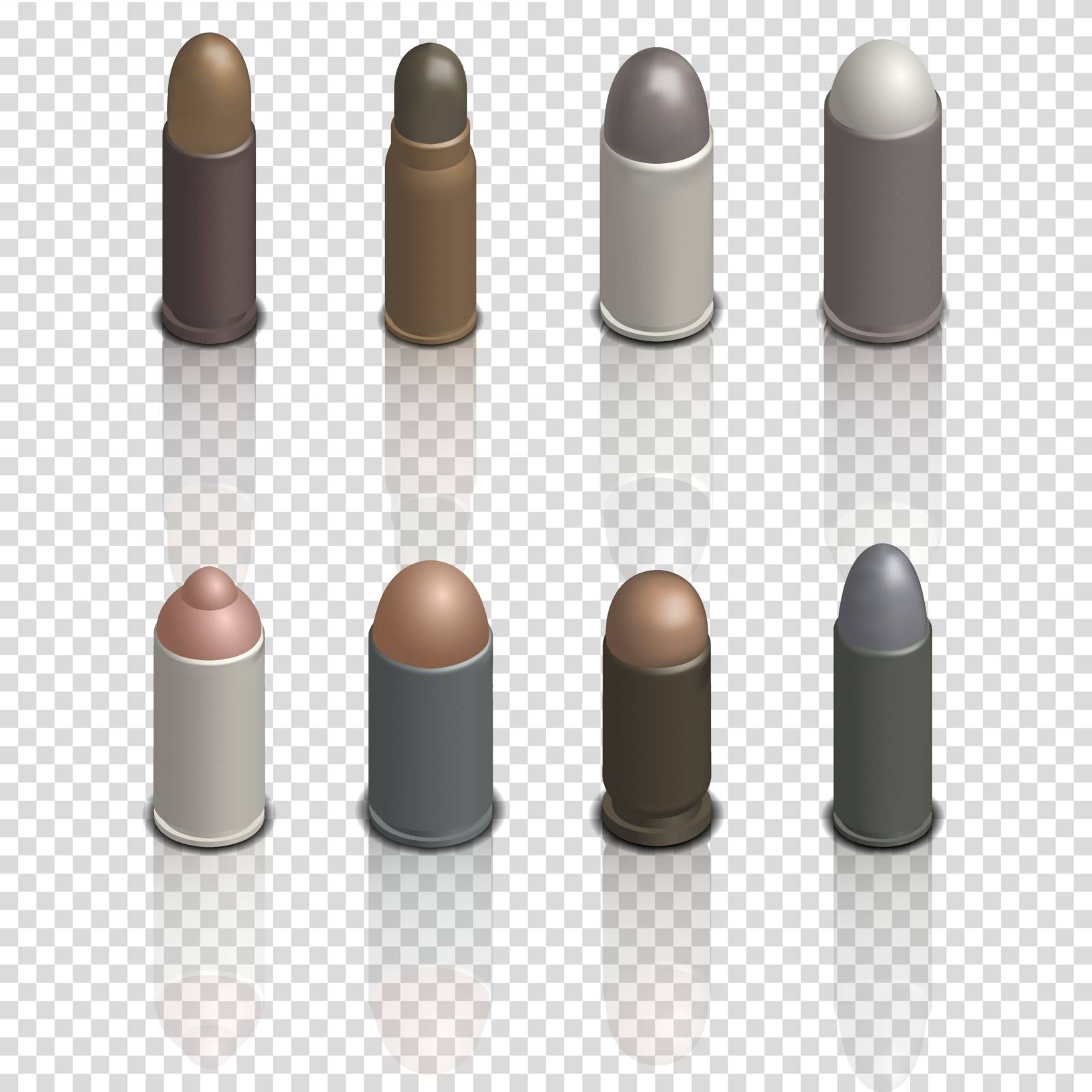 Set of photorealistic cartridges with a bullet isolated on white background. Design element firearms. Mirror reflection and 3D isometric style, vector illustration.
