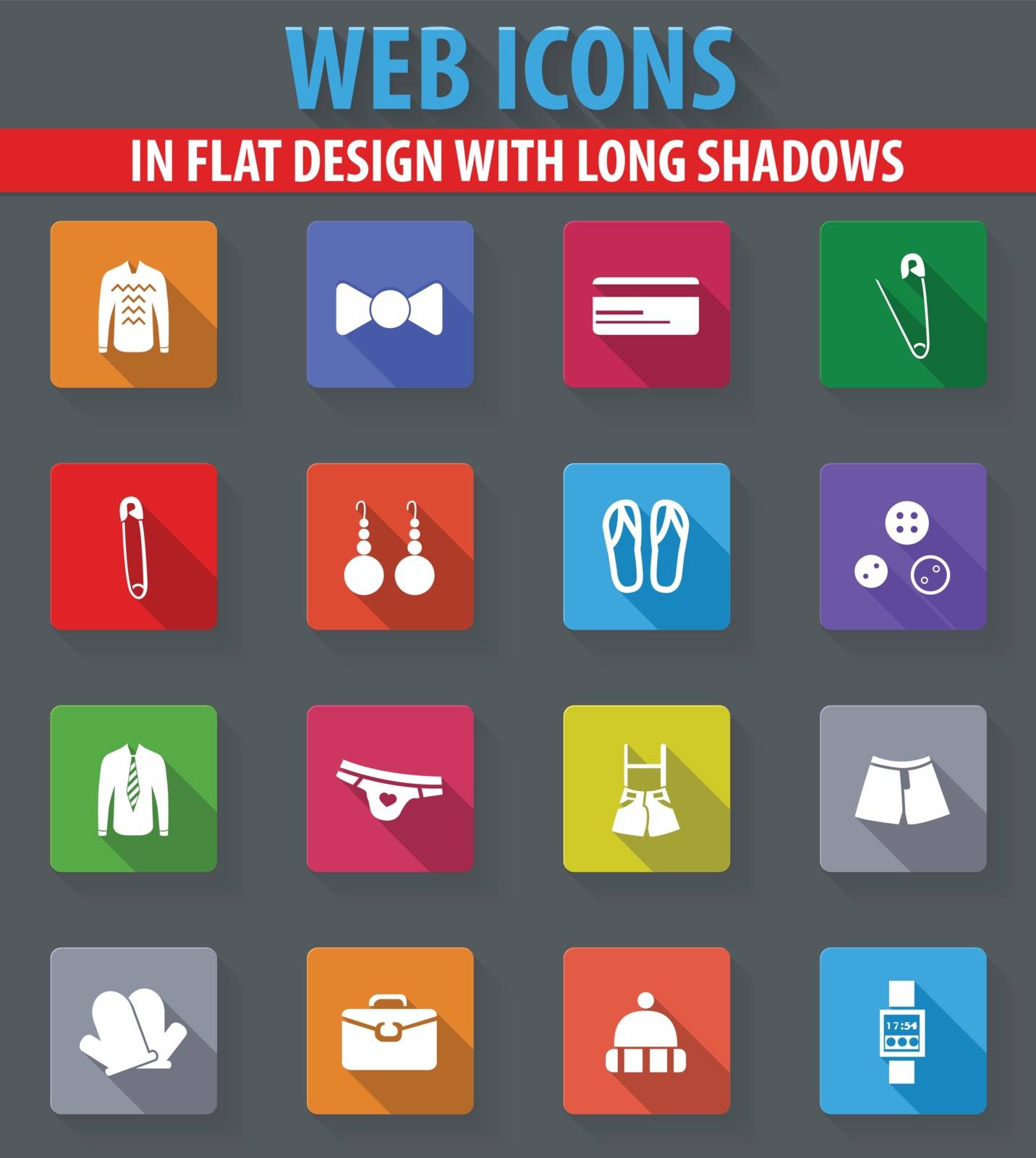 Clothing Store web icons in flat design with long shadows