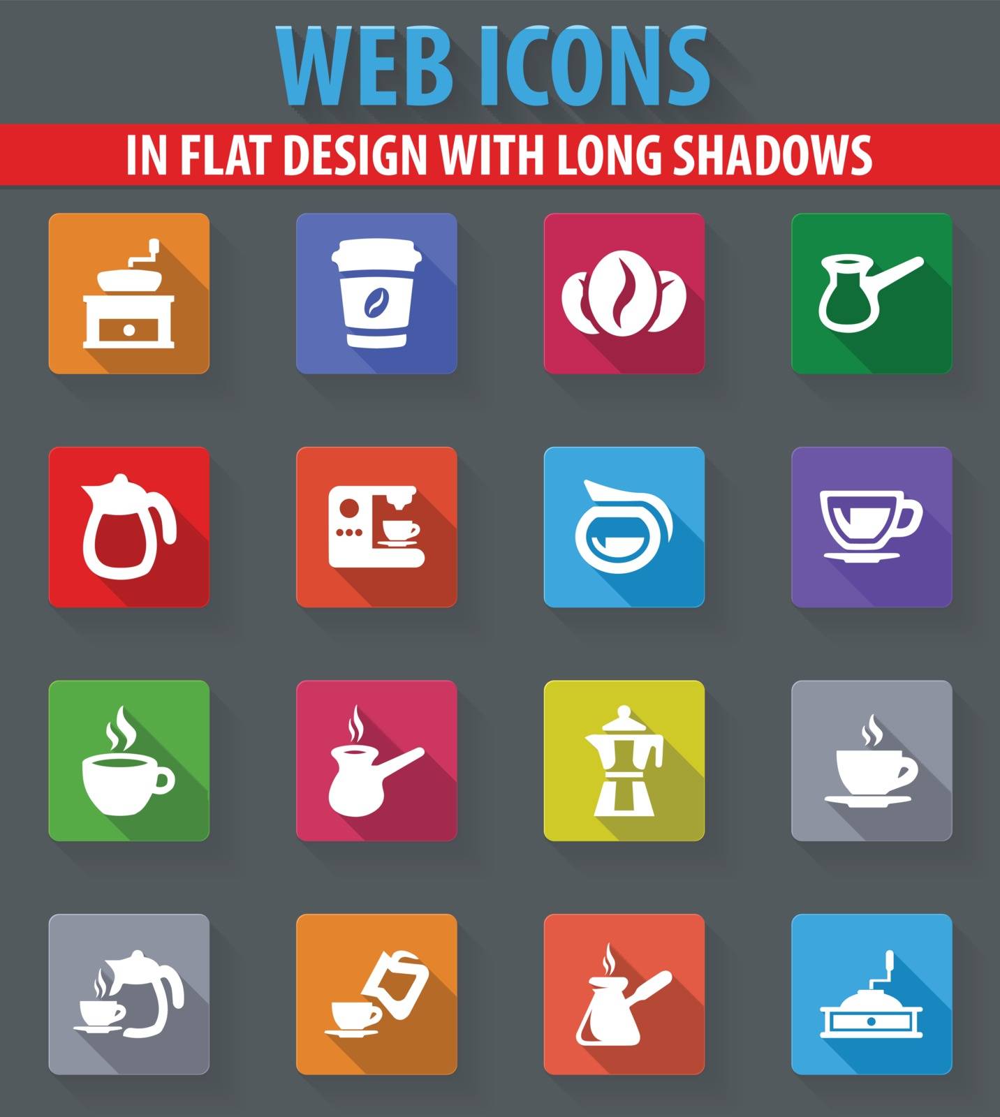 Coffee web icons in flat design with long shadows